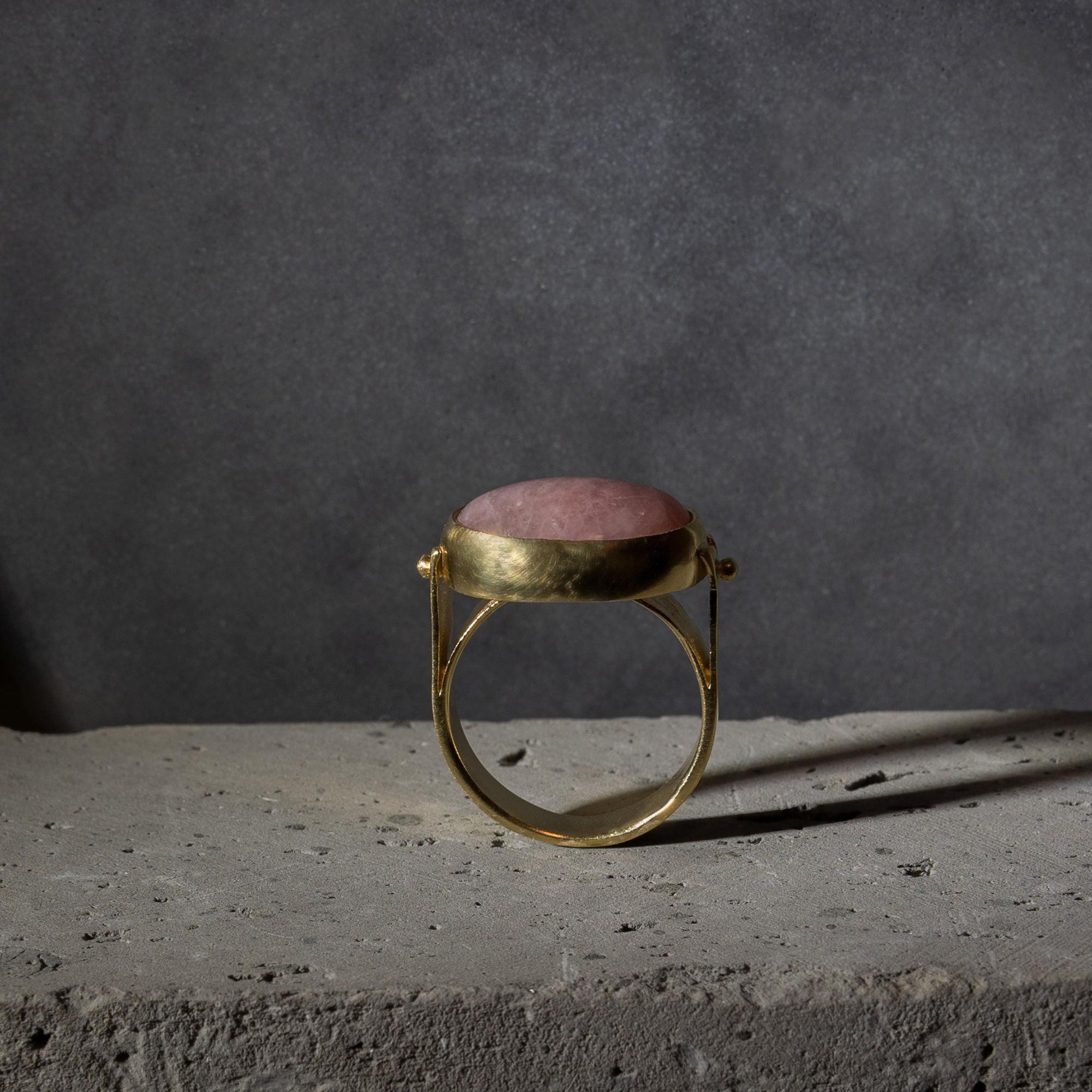 Pink handmade Gold Ring, Pink Statement Ring,14k Gold Rings for Women, Hand Made Oval cabochon Ring,