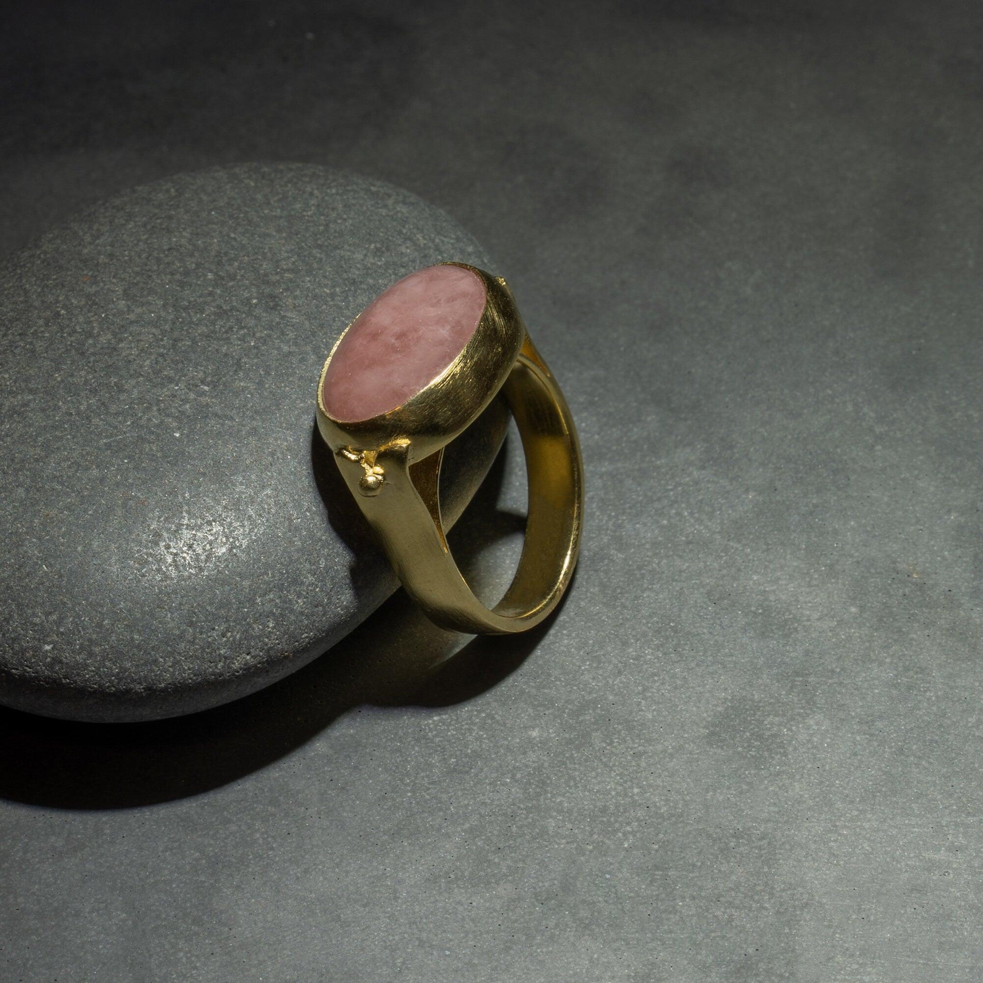 Pink handmade Gold Ring, Pink Statement Ring,14k Gold Rings for Women, Hand Made Oval cabochon Ring,