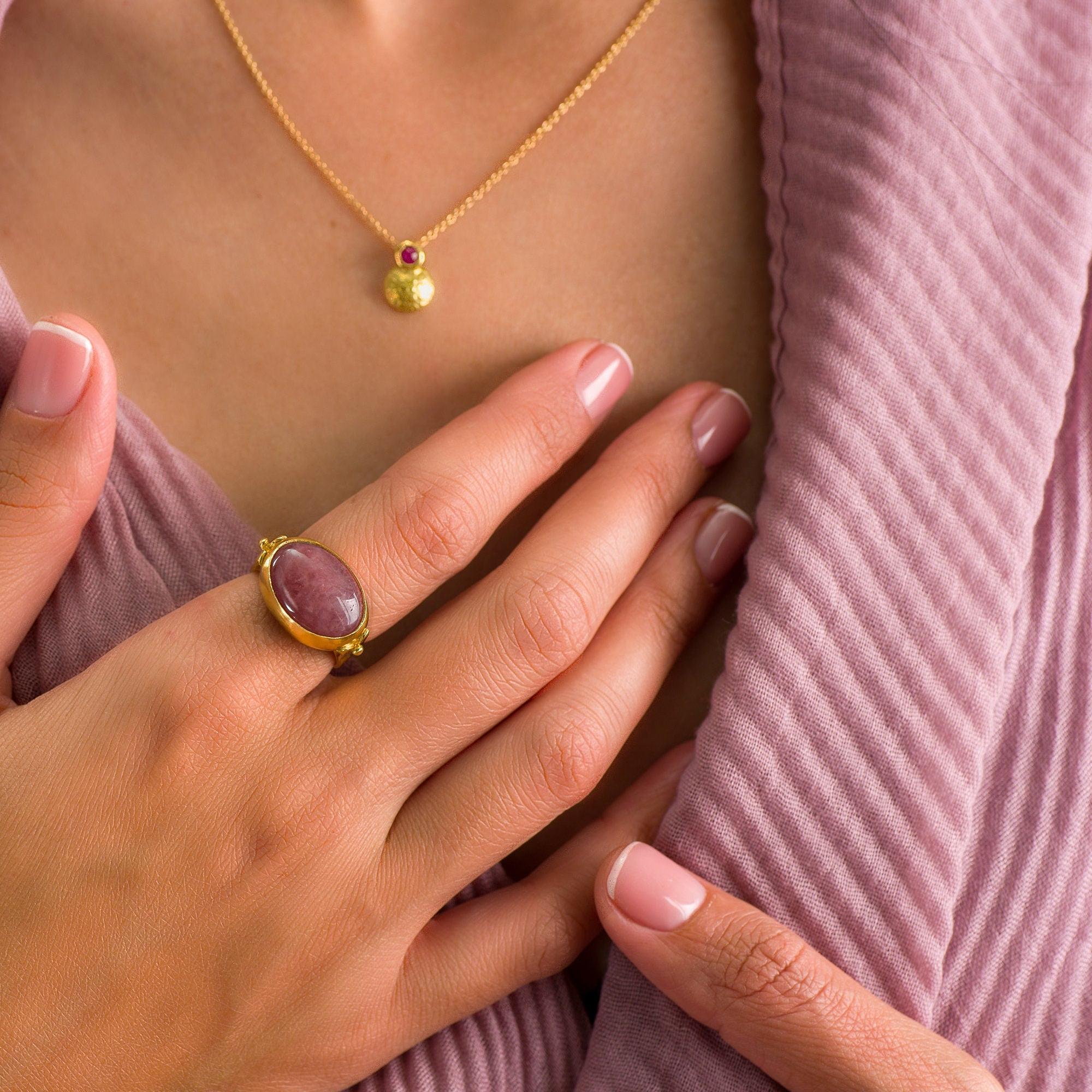 Pink handmade Gold Ring, Pink Statement Ring,14k Gold Rings for Women, Hand Made Oval cabochon Ring,