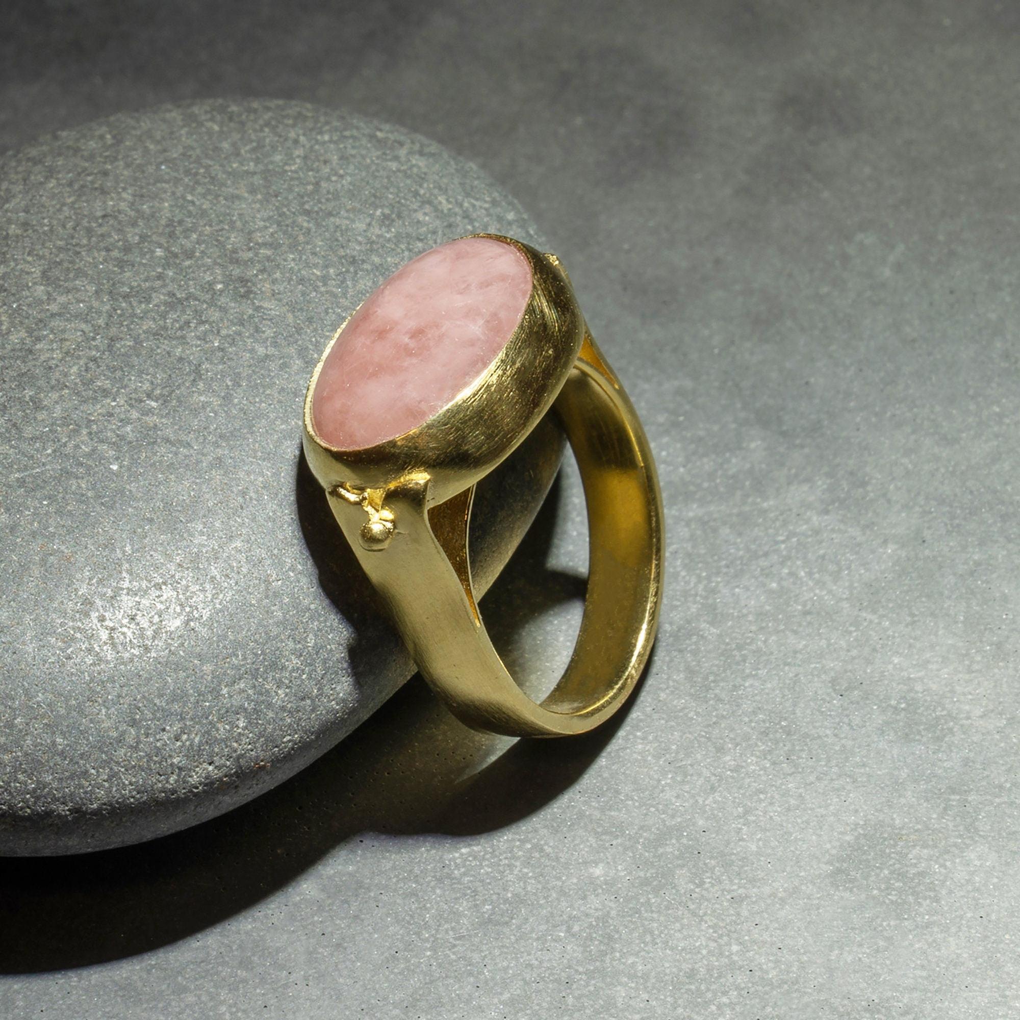 Pink handmade Gold Ring, Pink Statement Ring,14k Gold Rings for Women, Hand Made Oval cabochon Ring,