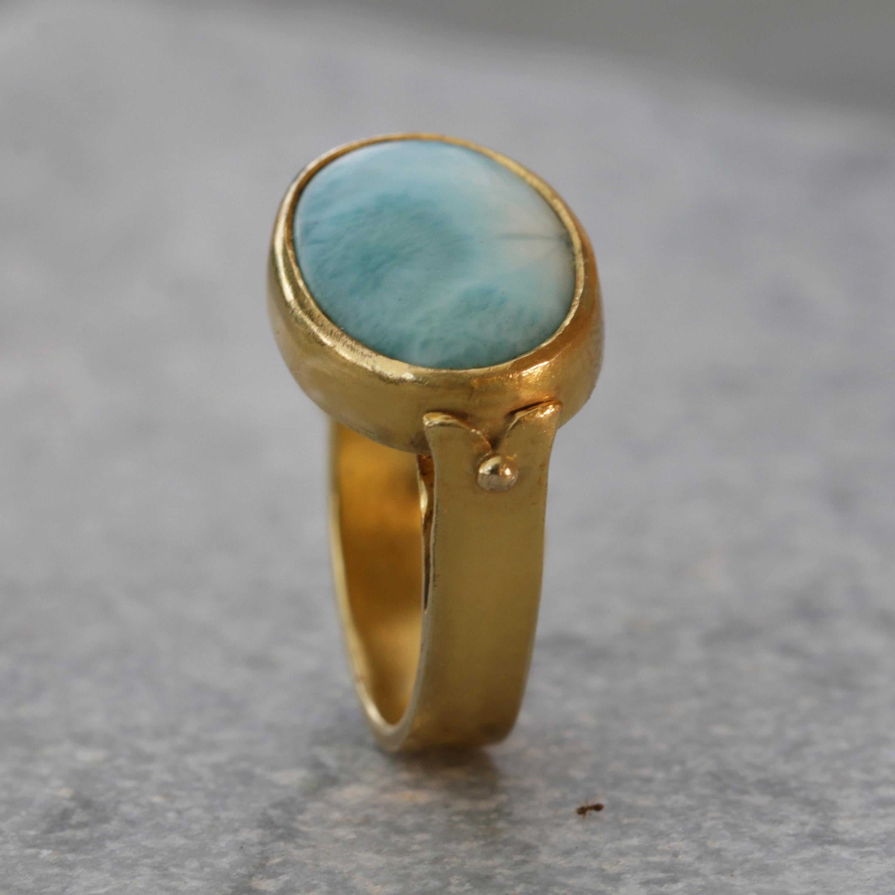 Handmade 14K Gold Larimar Ring - Boho Statement Ring