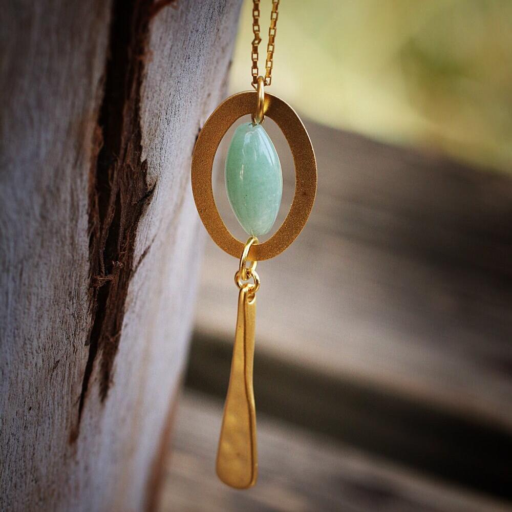 Handmade Gold Aventurine Pendant Necklace - Green Gemstone Necklace for Women