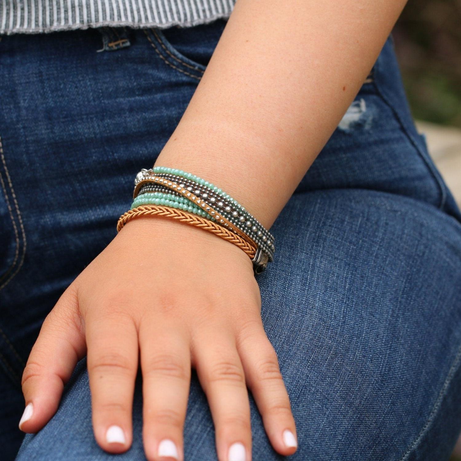 Handmade Leather Bracelets with Silver-Plated Brass, Crystal Beads, Boho Style