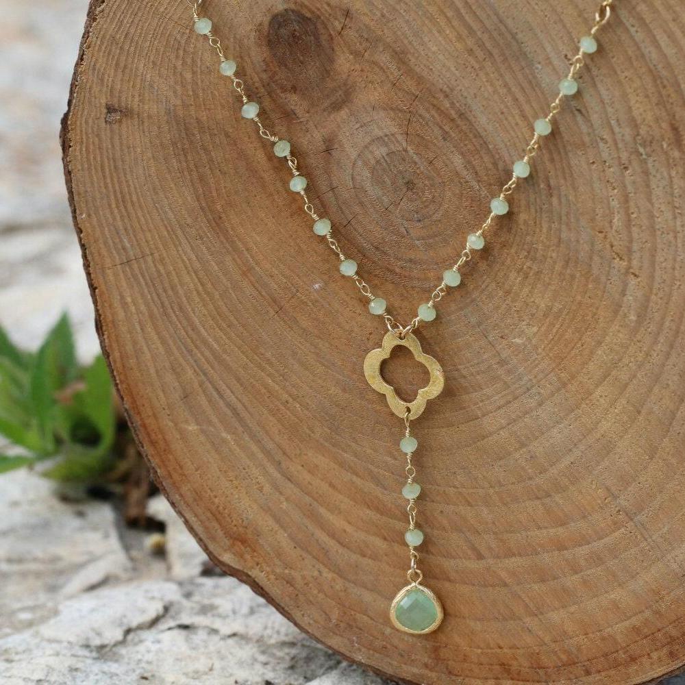 Beaded Gold Necklace with Crystal Pendant - Simple and Elegant