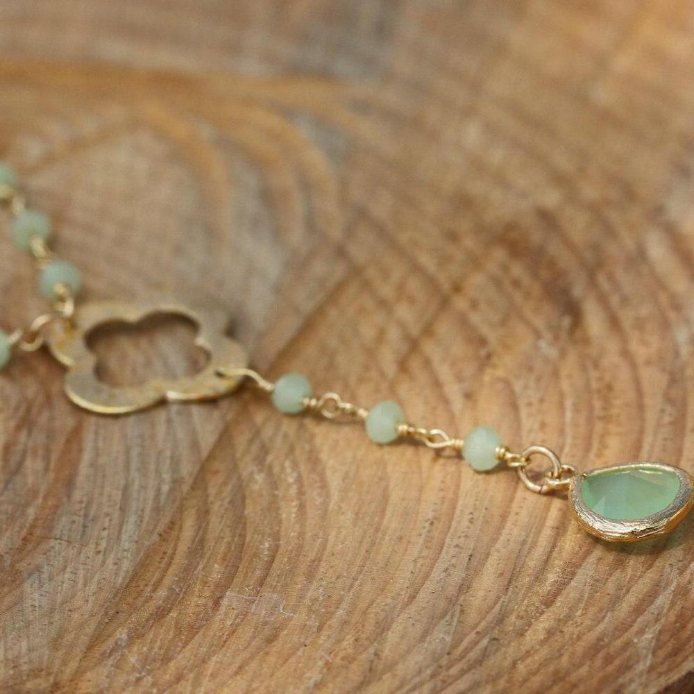 Beaded Gold Necklace with Crystal Pendant - Simple and Elegant