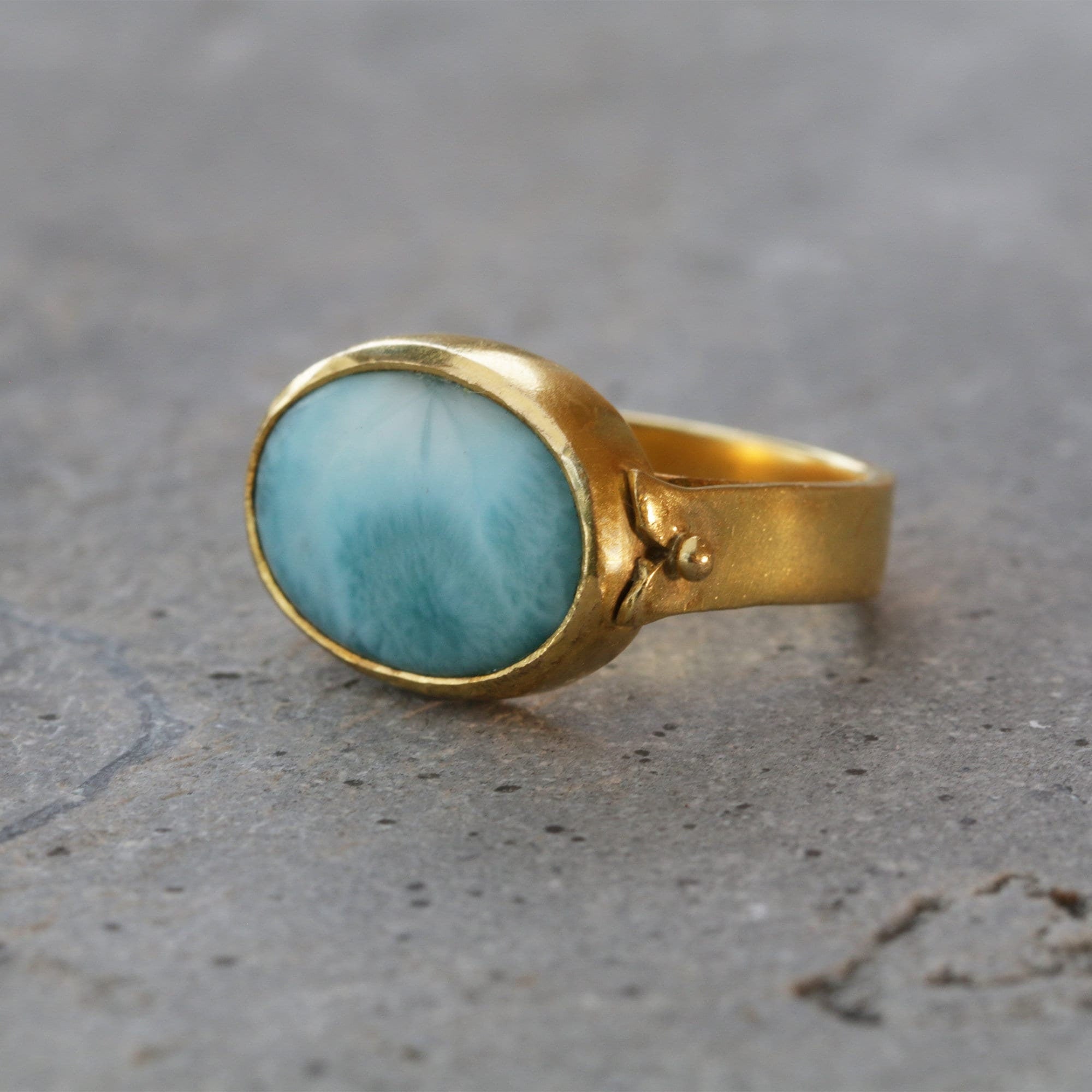 Handmade 14K Gold Larimar Ring - Boho Statement Ring