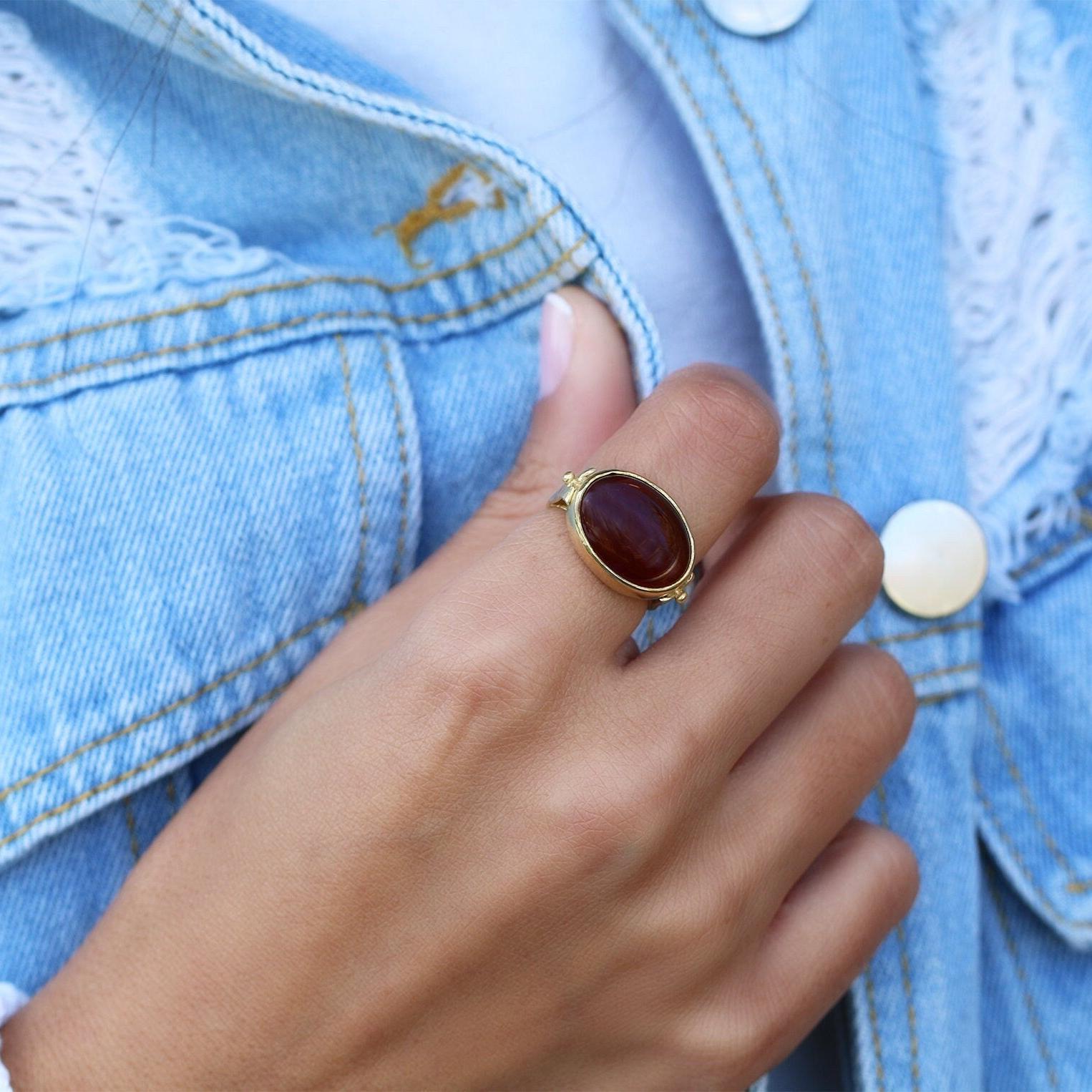 Gold-Filled Solitaire Ring For Women, Carnelian Oval Gold Ring