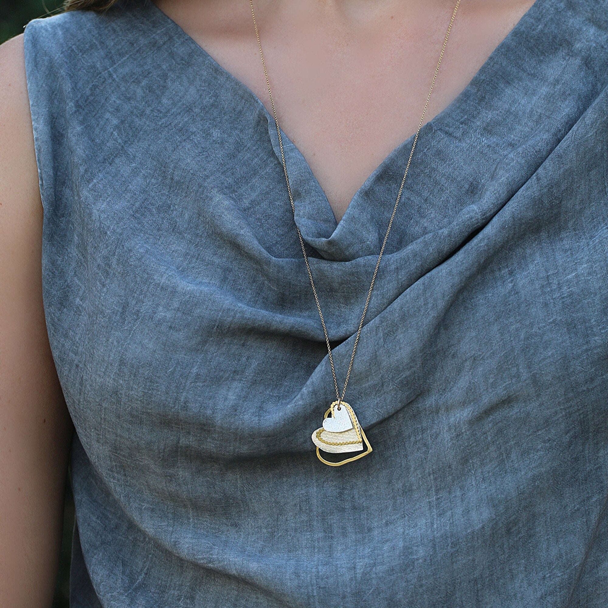 Gold And Silver Heart Pendant, Two Tone Necklace For Women, Multi Heart Necklace, Hearts Necklace ForMom, Gift For Mom, Heart Necklace