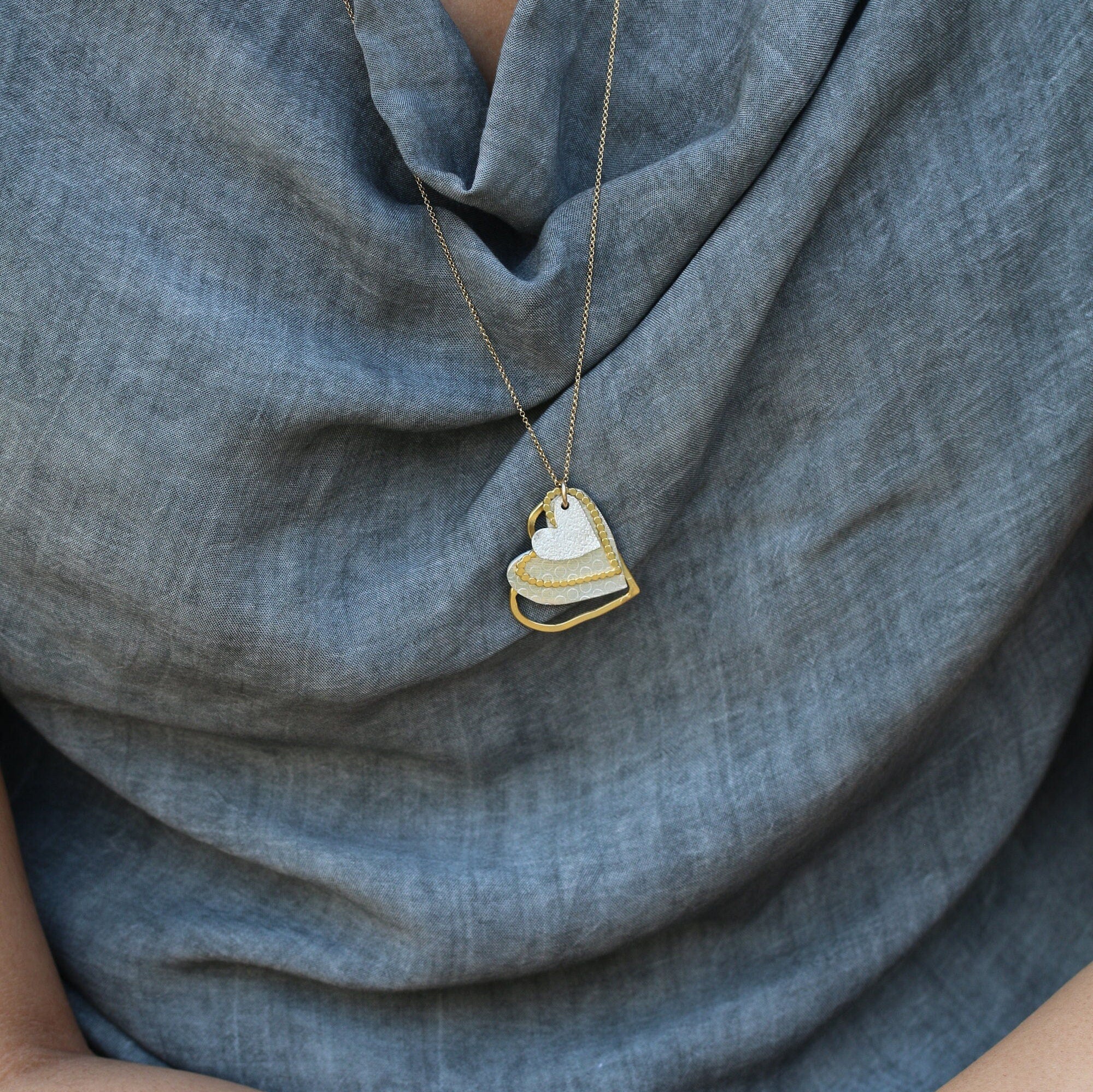 Gold And Silver Heart Pendant, Two Tone Necklace For Women, Multi Heart Necklace, Hearts Necklace ForMom, Gift For Mom, Heart Necklace