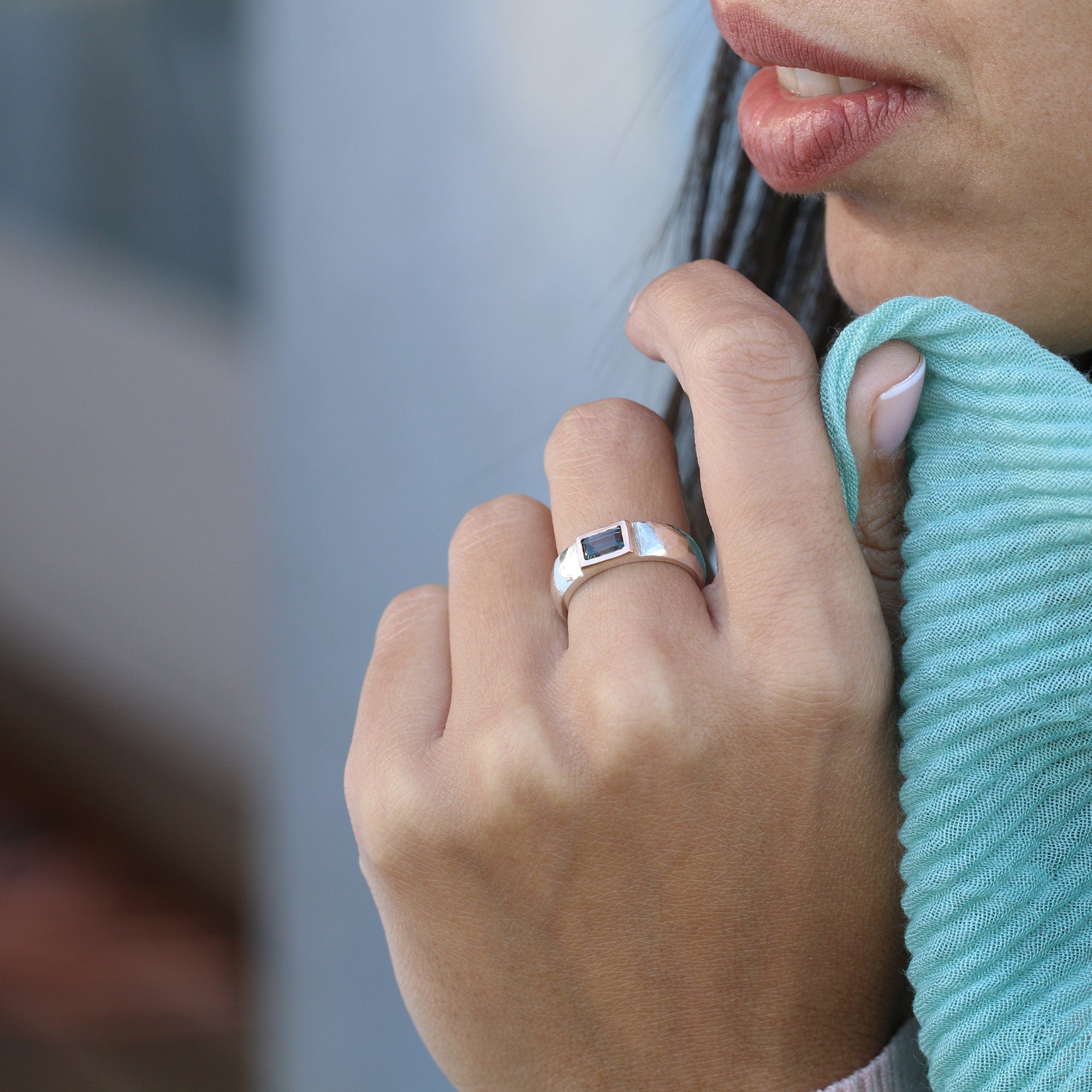 Silver Tourmaline Ring • Rectangle Blue Tourmaline Ring • Band Ring • Custom Birthstone Ring • Gift Jewelry • Handmade Rings • Gift Rings