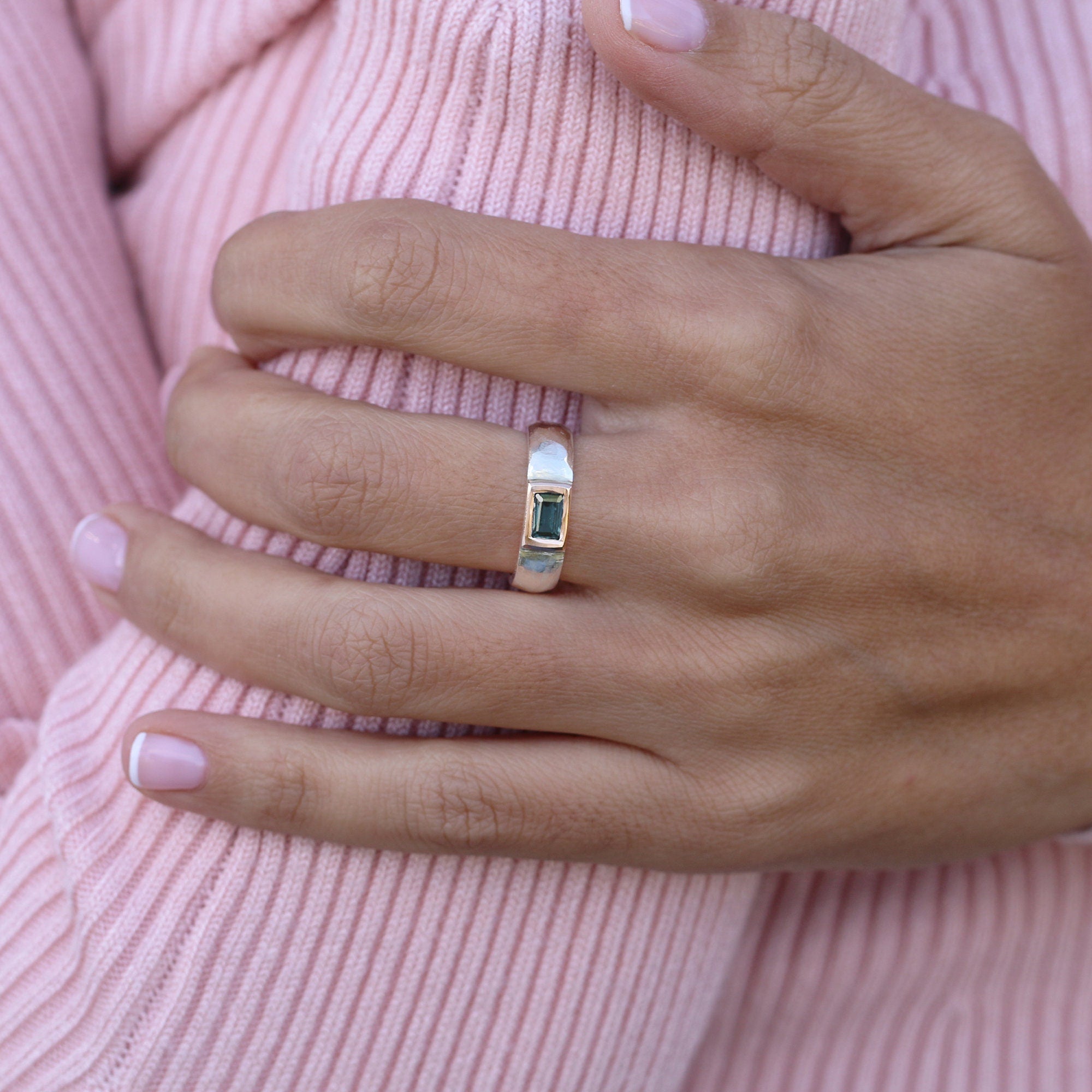 Silver Tourmaline Ring • Rectangle Blue Tourmaline Ring • Band Ring • Custom Birthstone Ring • Gift Jewelry • Handmade Rings • Gift Rings