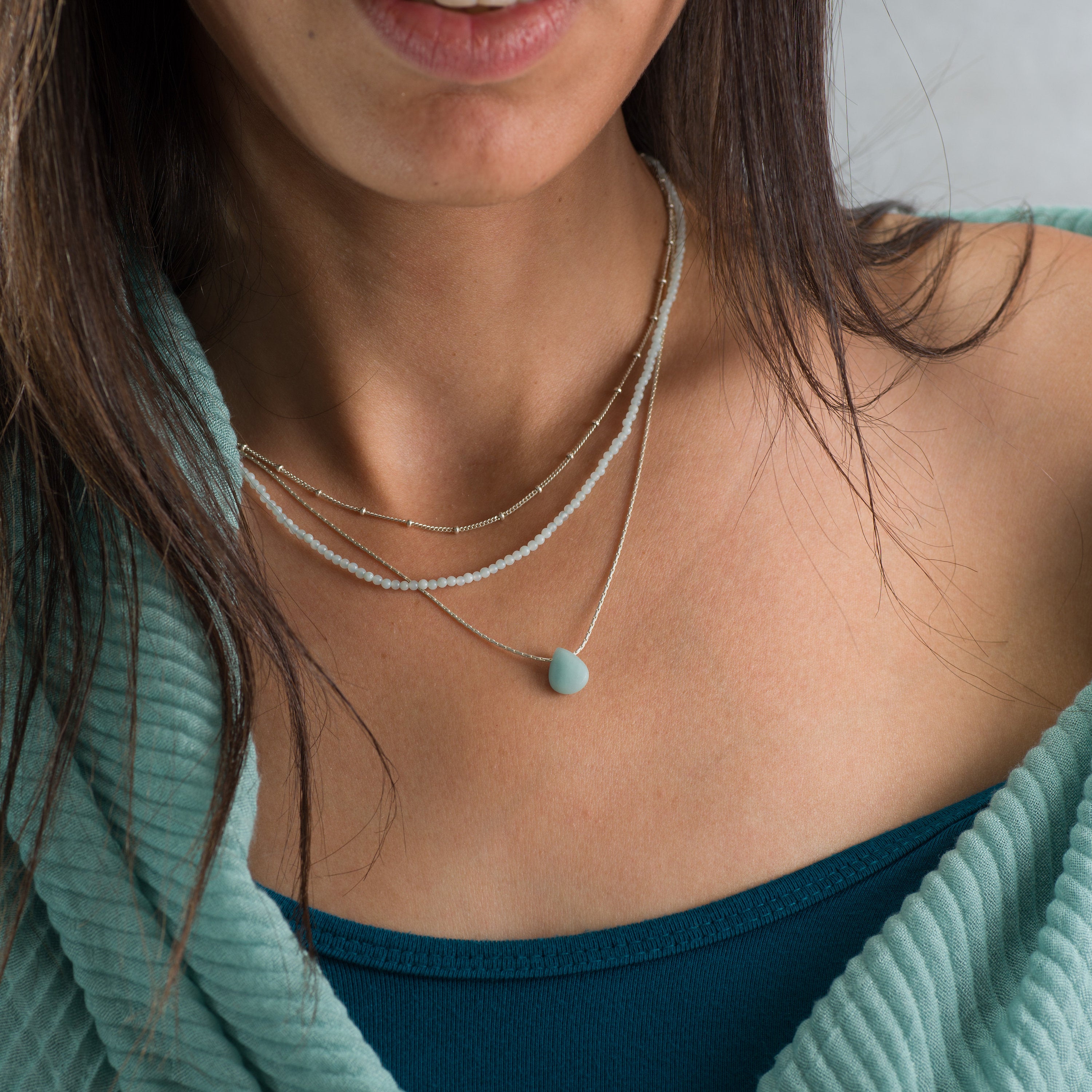 Multi Strand Necklace • Set Of Three Silver And Amazonite Necklace • Dainty Layered • Stacked Necklaces • Gifts For Her • Teardrop Pendant