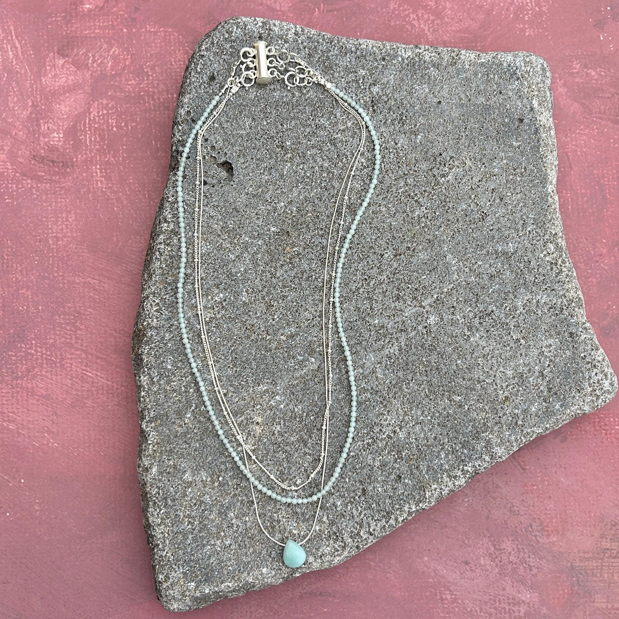 Multi Strand Necklace • Set Of Three Silver And Amazonite Necklace • Dainty Layered • Stacked Necklaces • Gifts For Her • Teardrop Pendant