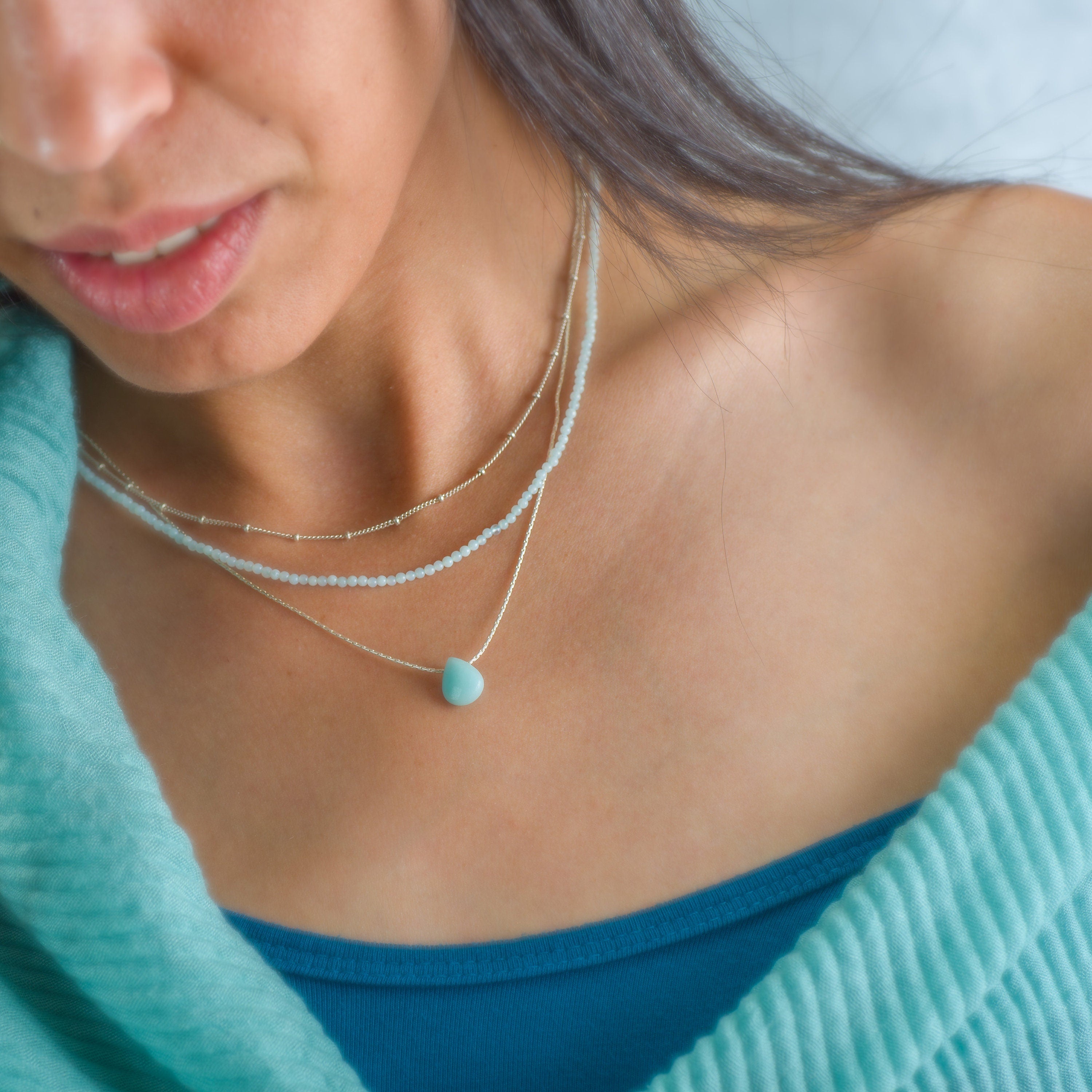 Multi Strand Necklace • Set Of Three Silver And Amazonite Necklace • Dainty Layered • Stacked Necklaces • Gifts For Her • Teardrop Pendant