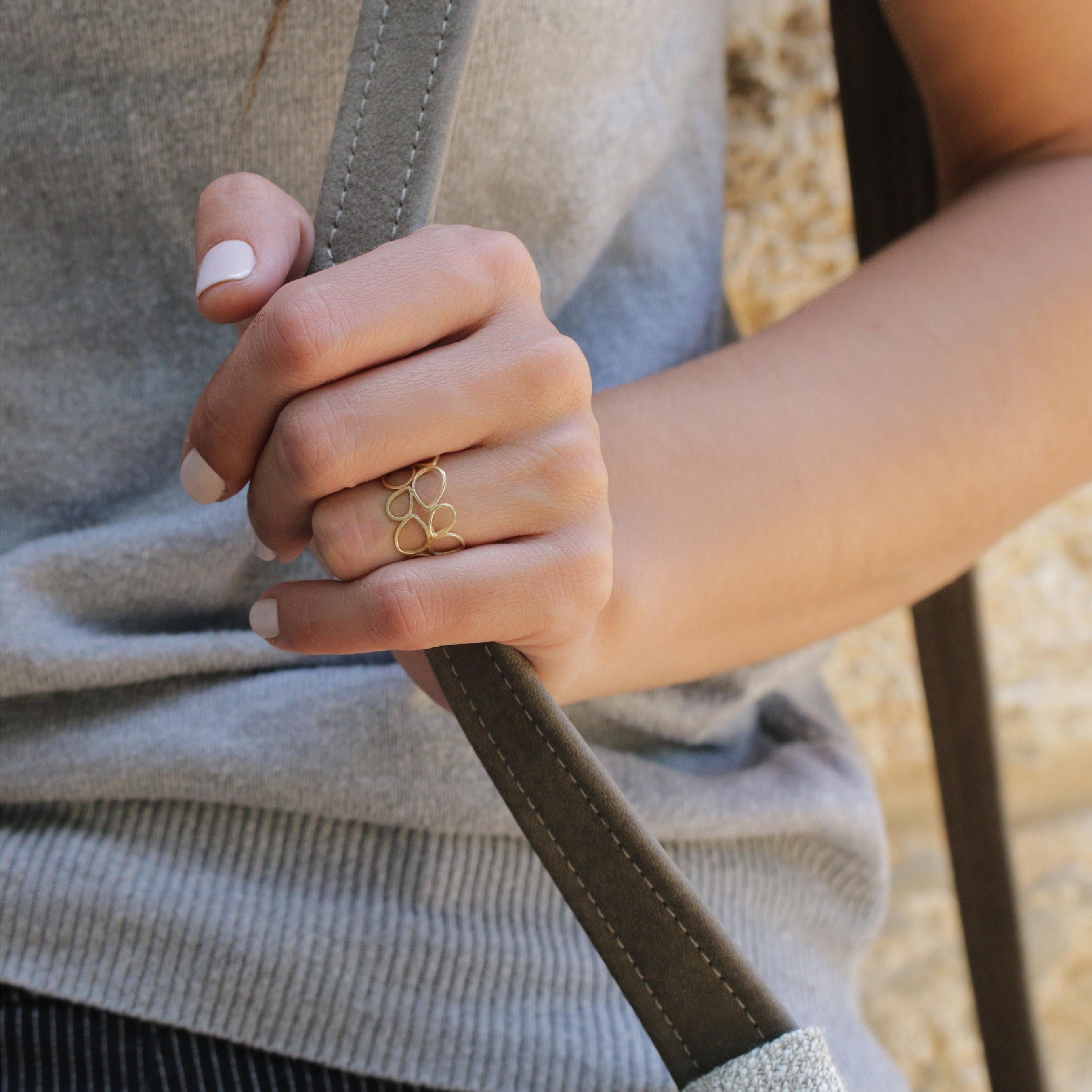Handmade Hollow Gold Ring • Minimalist Geometric Ring • Wide Gold Band • Teardrop Pattern • Gift For Mom • Hand Made Gift For Her