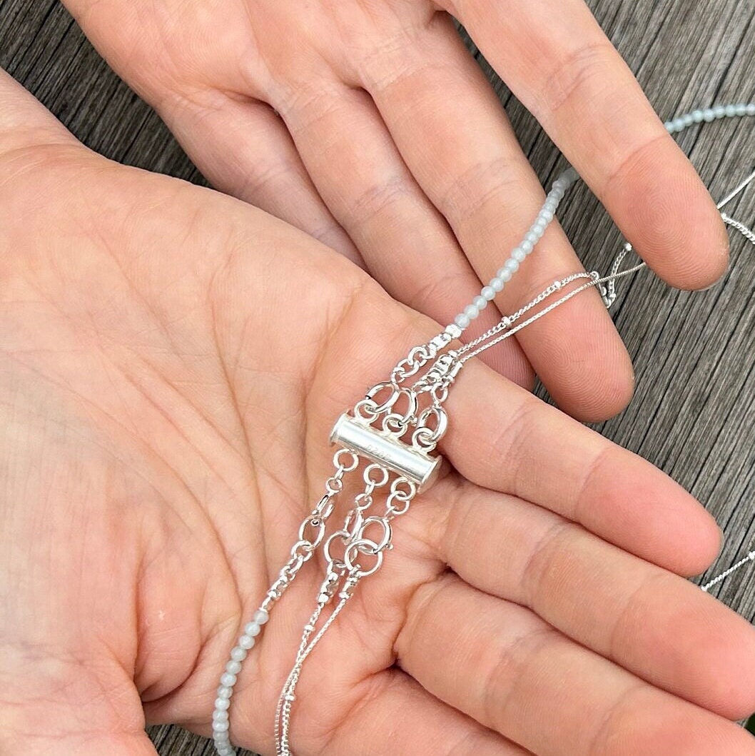Silver Multi Strand Necklace • Handcrafted Larimar Pendant Necklace • Set Of Three Necklaces • Gifts For Her • Stacked Silver Necklaces Set