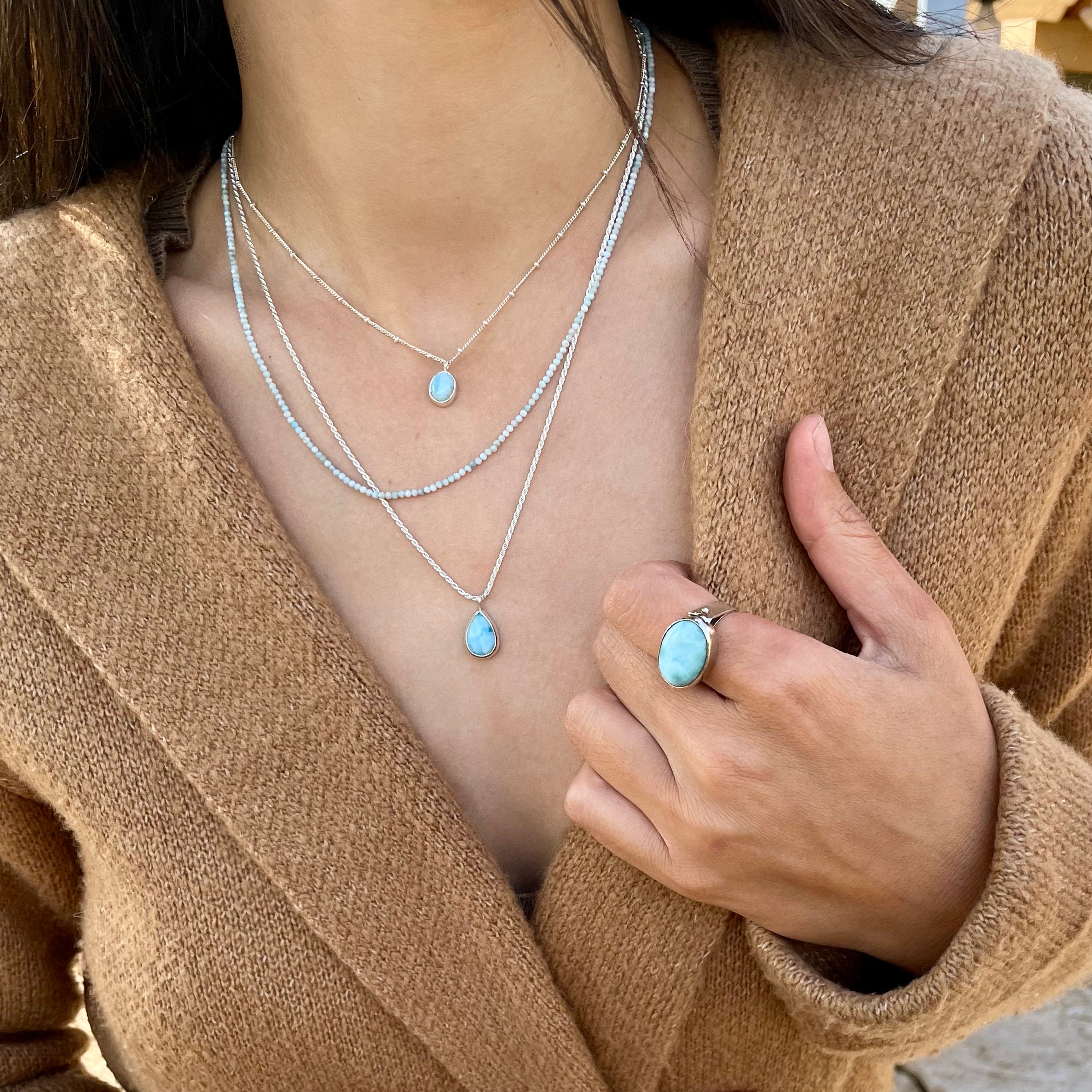 Silver Multi Strand Necklace • Handcrafted Larimar Pendant Necklace • Set Of Three Necklaces • Gifts For Her • Stacked Silver Necklaces Set