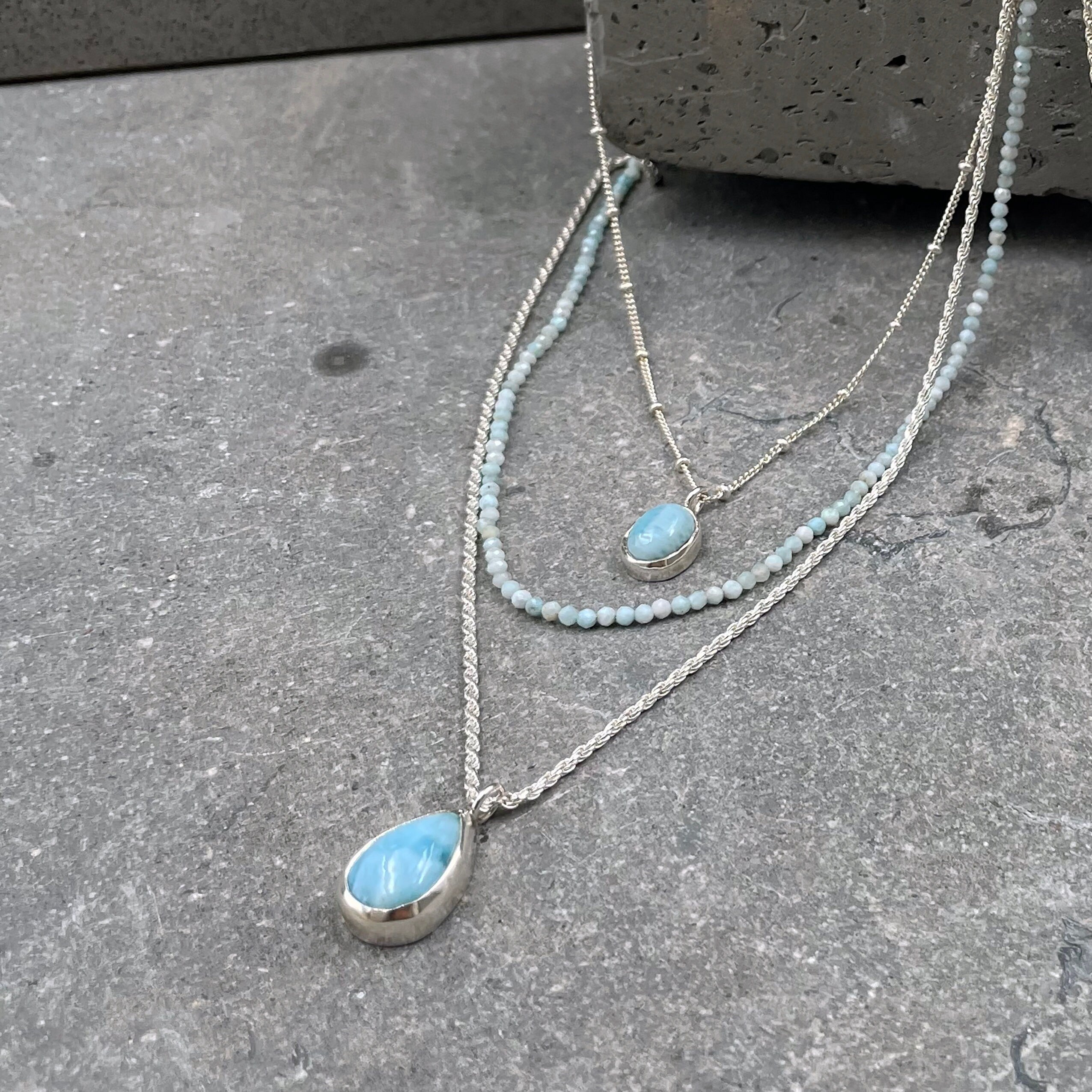 Silver Multi Strand Necklace • Handcrafted Larimar Pendant Necklace • Set Of Three Necklaces • Gifts For Her • Stacked Silver Necklaces Set
