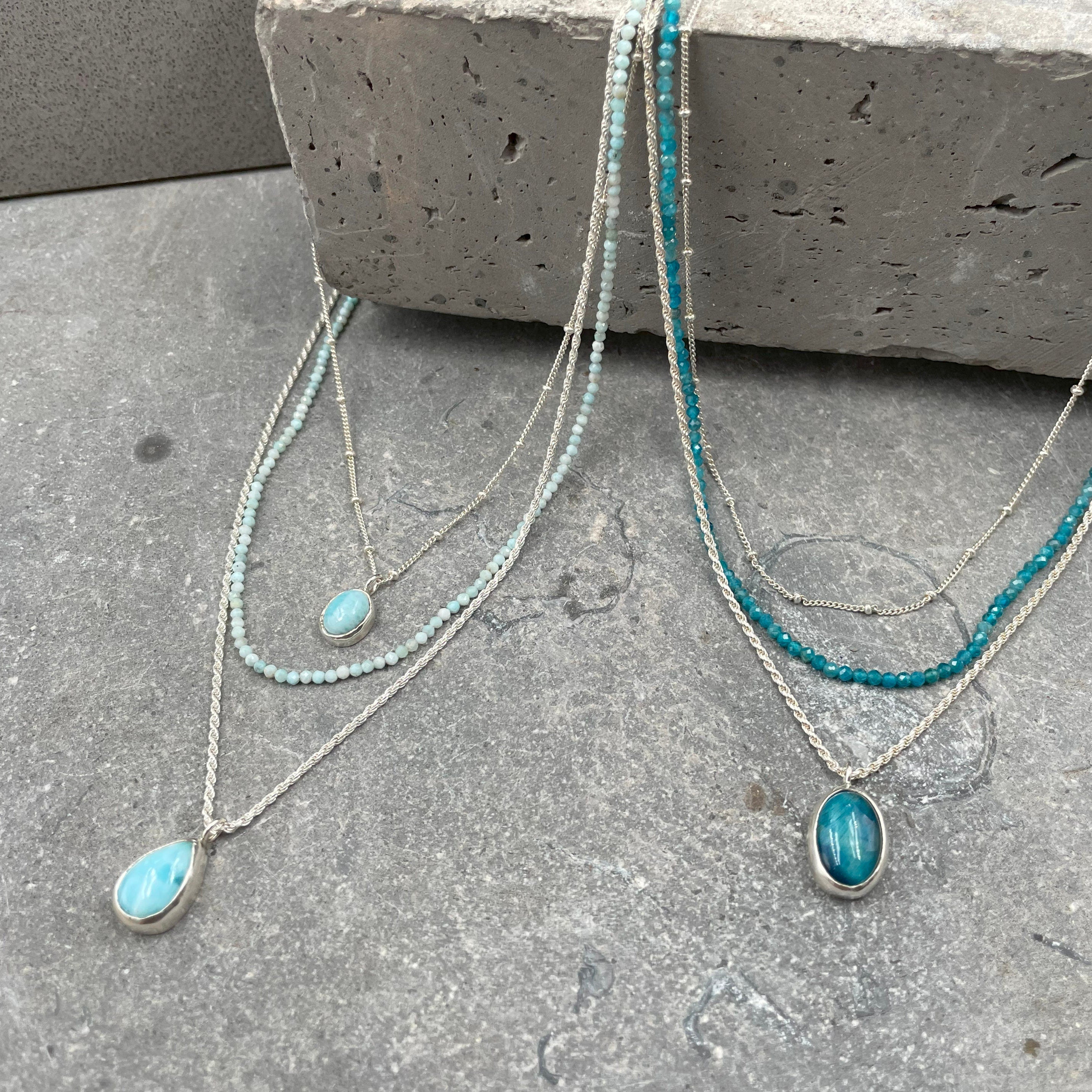 Silver Multi Strand Necklace • Handcrafted Larimar Pendant Necklace • Set Of Three Necklaces • Gifts For Her • Stacked Silver Necklaces Set