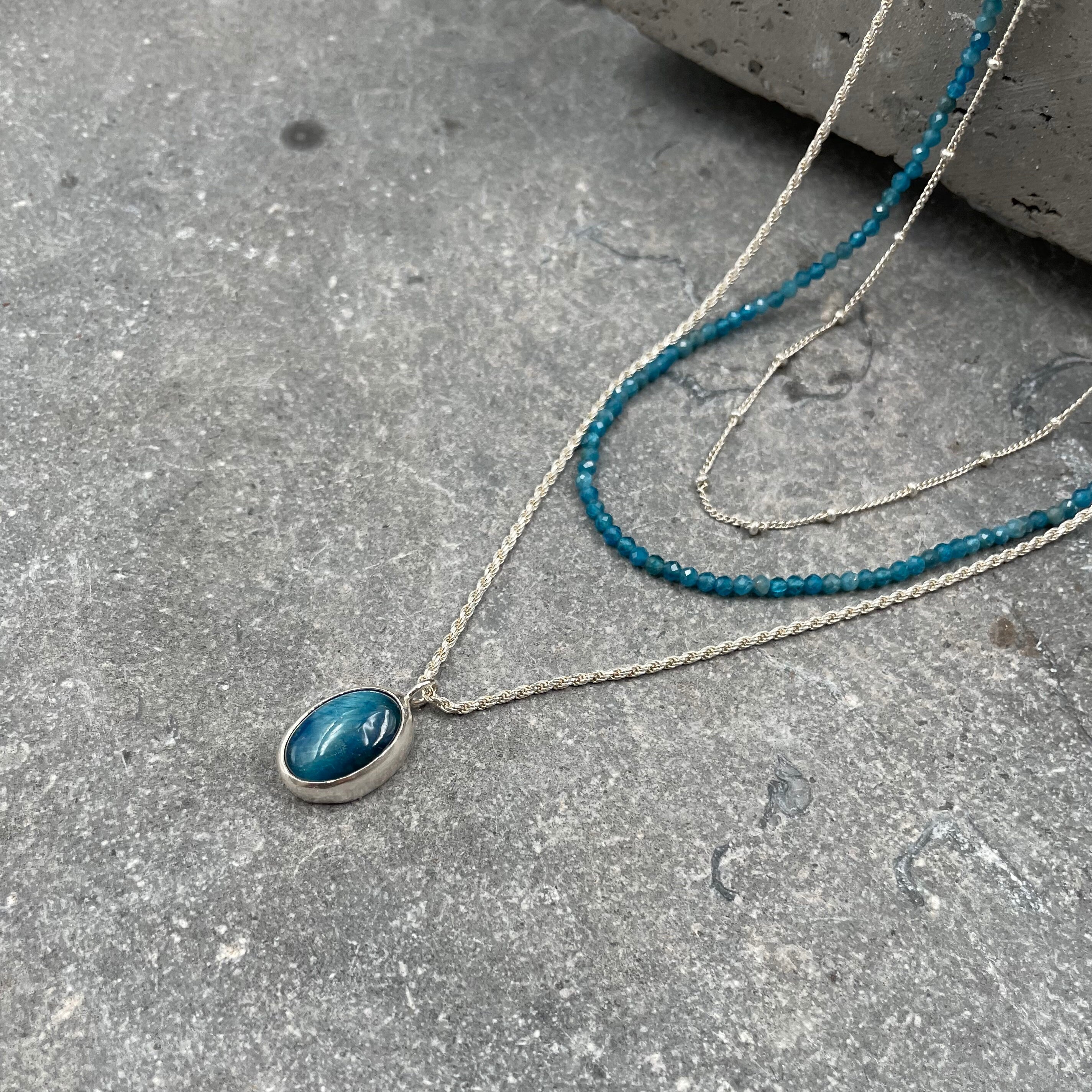 Handmade Silver Multi Strand Necklace with Apatite Beads and Blue Tiger's Eye Pendant • Set Of Three Necklaces