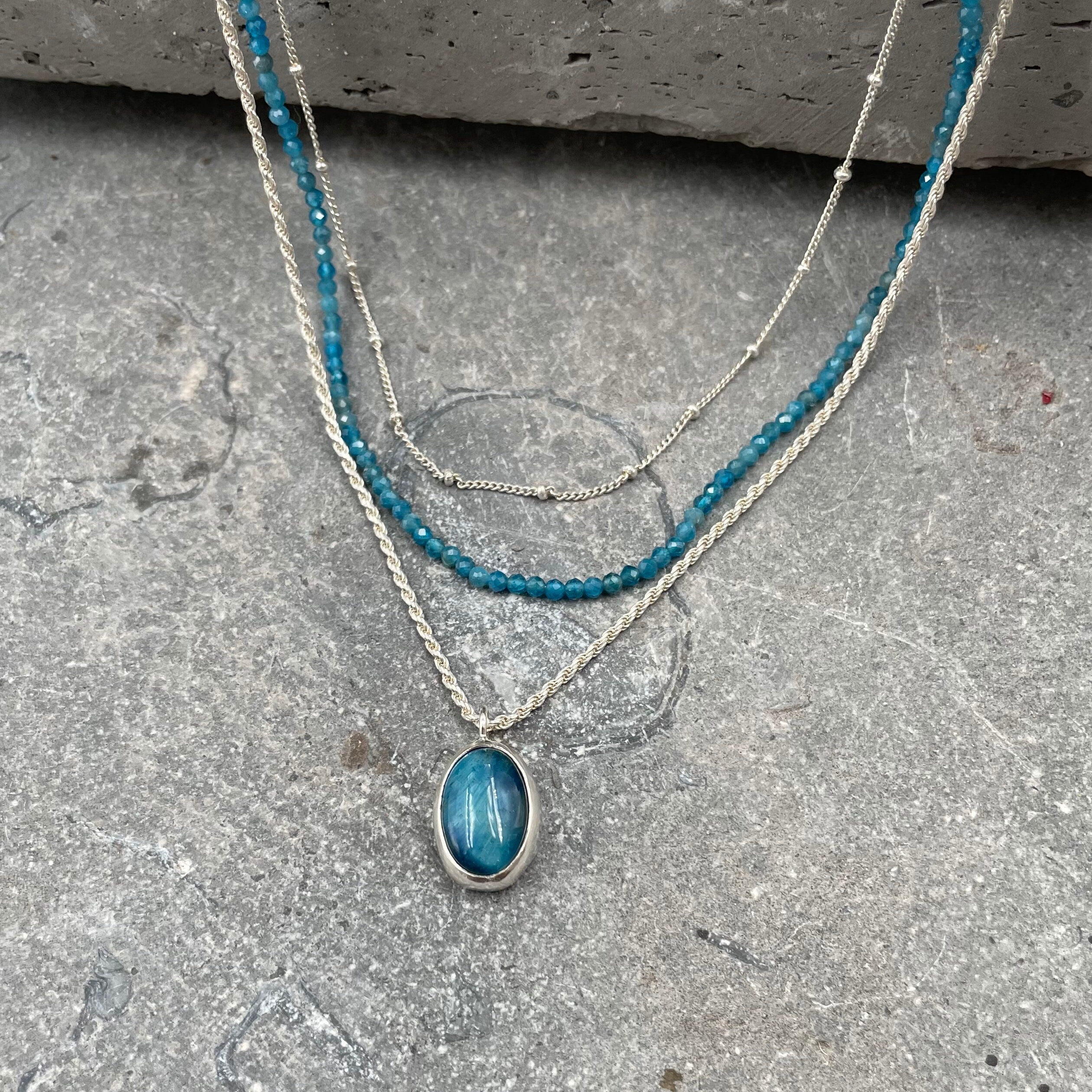 Handmade Silver Multi Strand Necklace with Apatite Beads and Blue Tiger's Eye Pendant • Set Of Three Necklaces