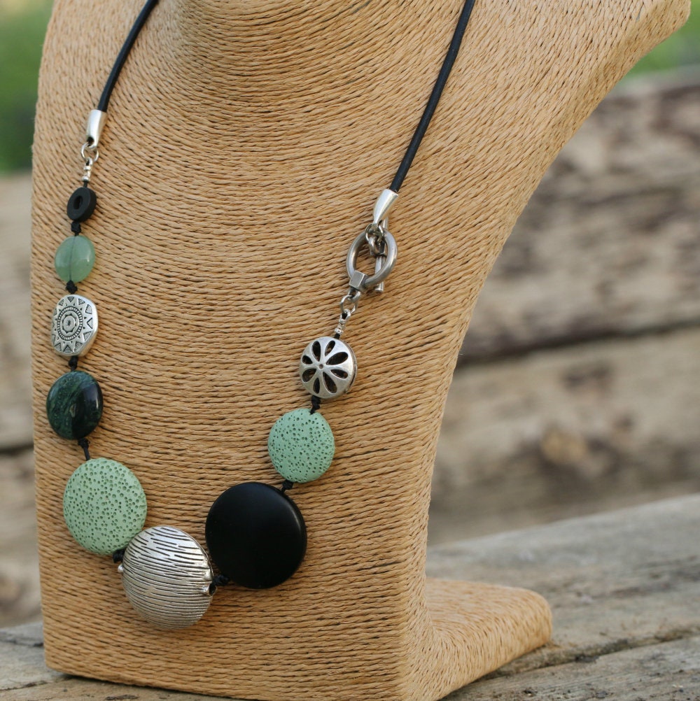 Fashion Necklace Handmade - Black Onyx Chunky Necklace with Green & Silver Accents • Statement Necklace • Bold Necklace • Gift For Mom