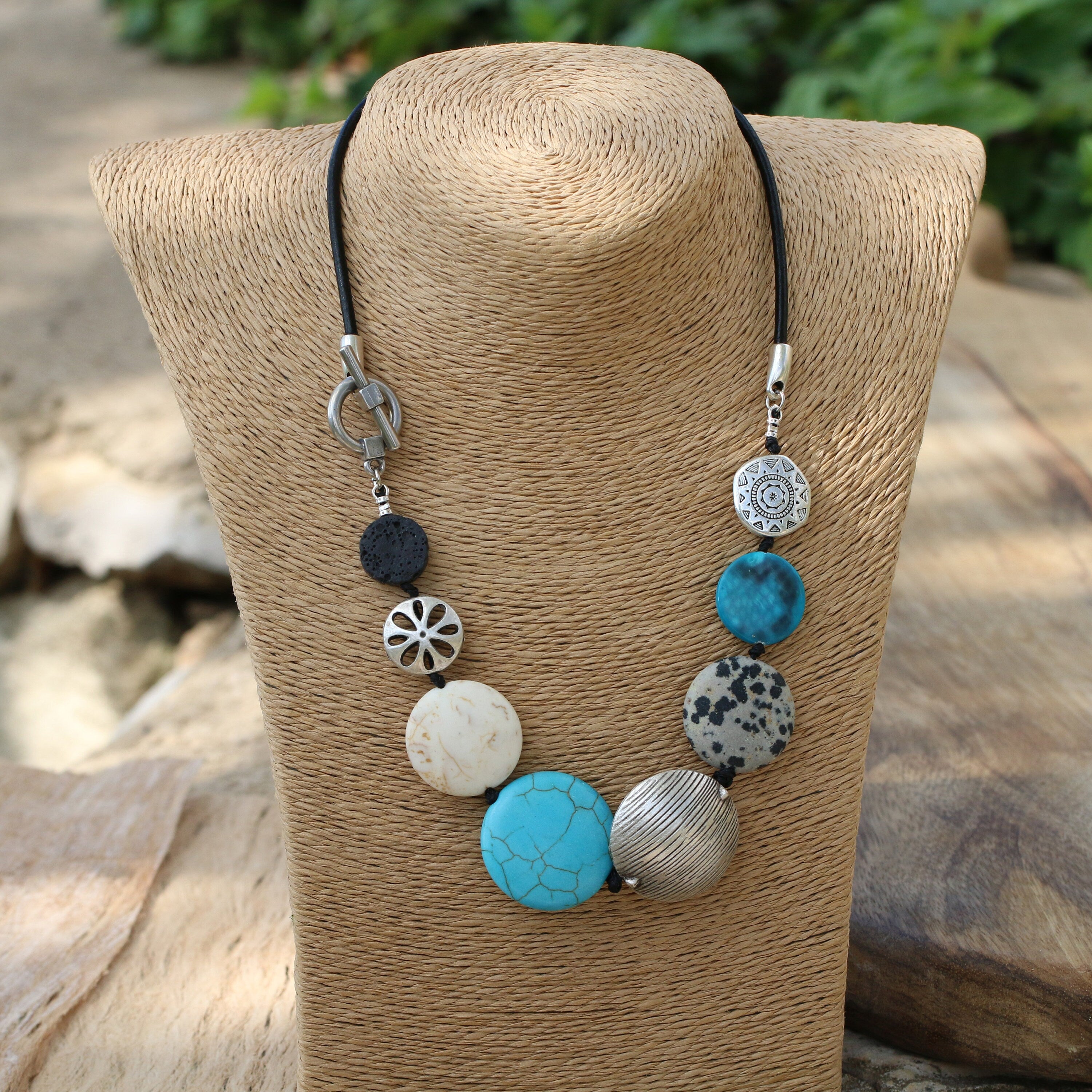 Silver White and Turquoise Beaded Necklace - Statement Jewelry For Her • Chunky Boho Turquoise • Fashion Jewelry • Women's Bold Necklace