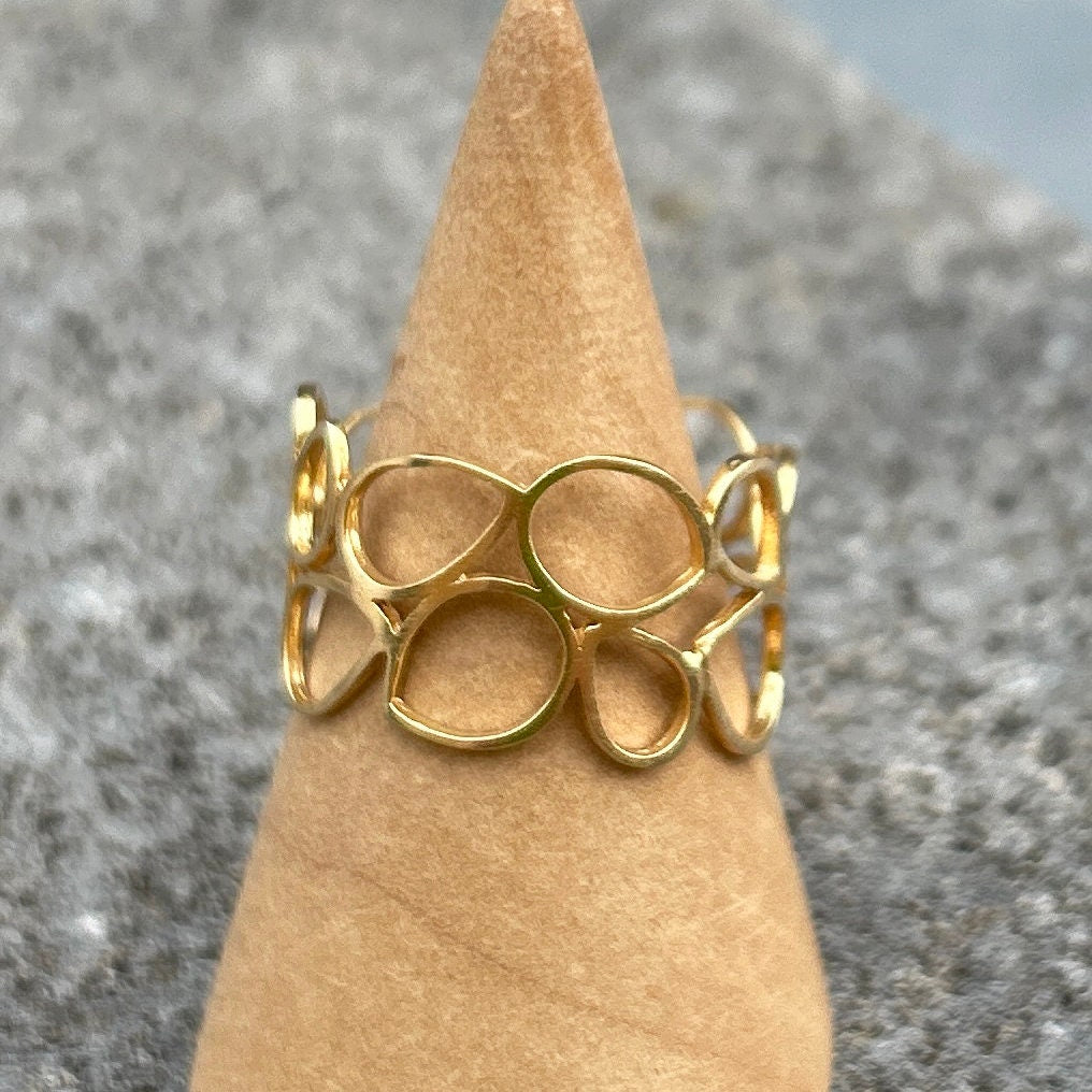 Handmade Hollow Gold Ring • Minimalist Geometric Ring • Wide Gold Band • Teardrop Pattern • Gift For Mom • Hand Made Gift For Her