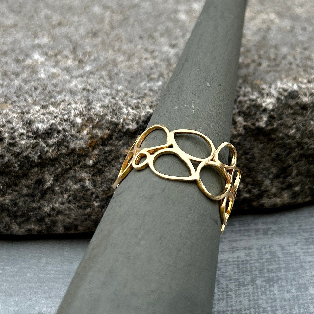 Handmade Hollow Gold Ring • Minimalist Geometric Ring • Wide Gold Band • Teardrop Pattern • Gift For Mom • Hand Made Gift For Her