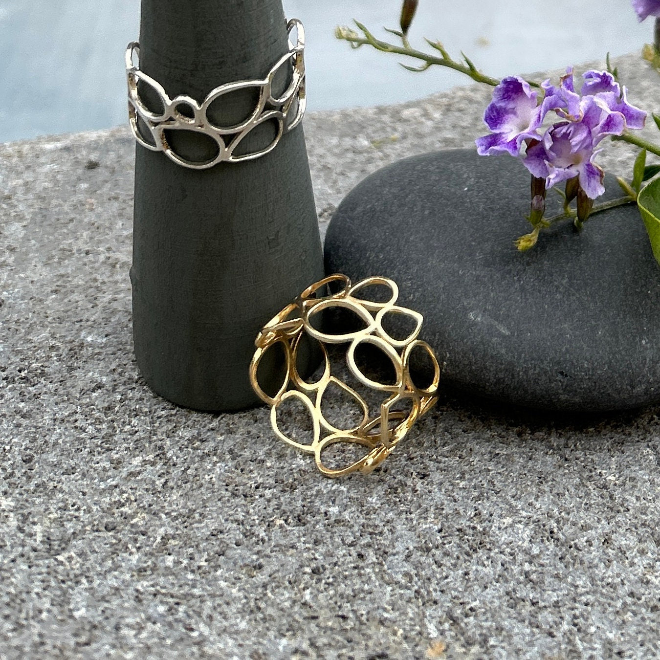 Handmade Hollow Gold Ring • Minimalist Geometric Ring • Wide Gold Band • Teardrop Pattern • Gift For Mom • Hand Made Gift For Her