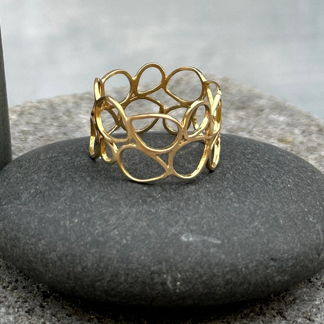 Handmade Hollow Gold Ring • Minimalist Geometric Ring • Wide Gold Band • Teardrop Pattern • Gift For Mom • Hand Made Gift For Her