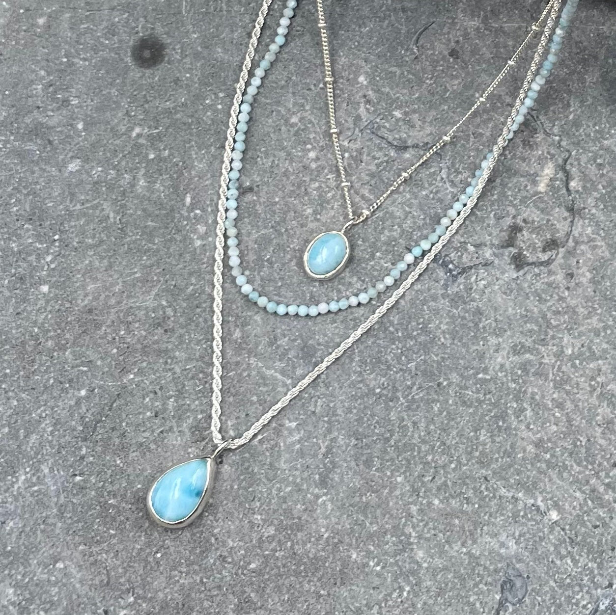 Silver Multi Strand Necklace • Handcrafted Larimar Pendant Necklace • Set Of Three Necklaces • Gifts For Her • Stacked Silver Necklaces Set