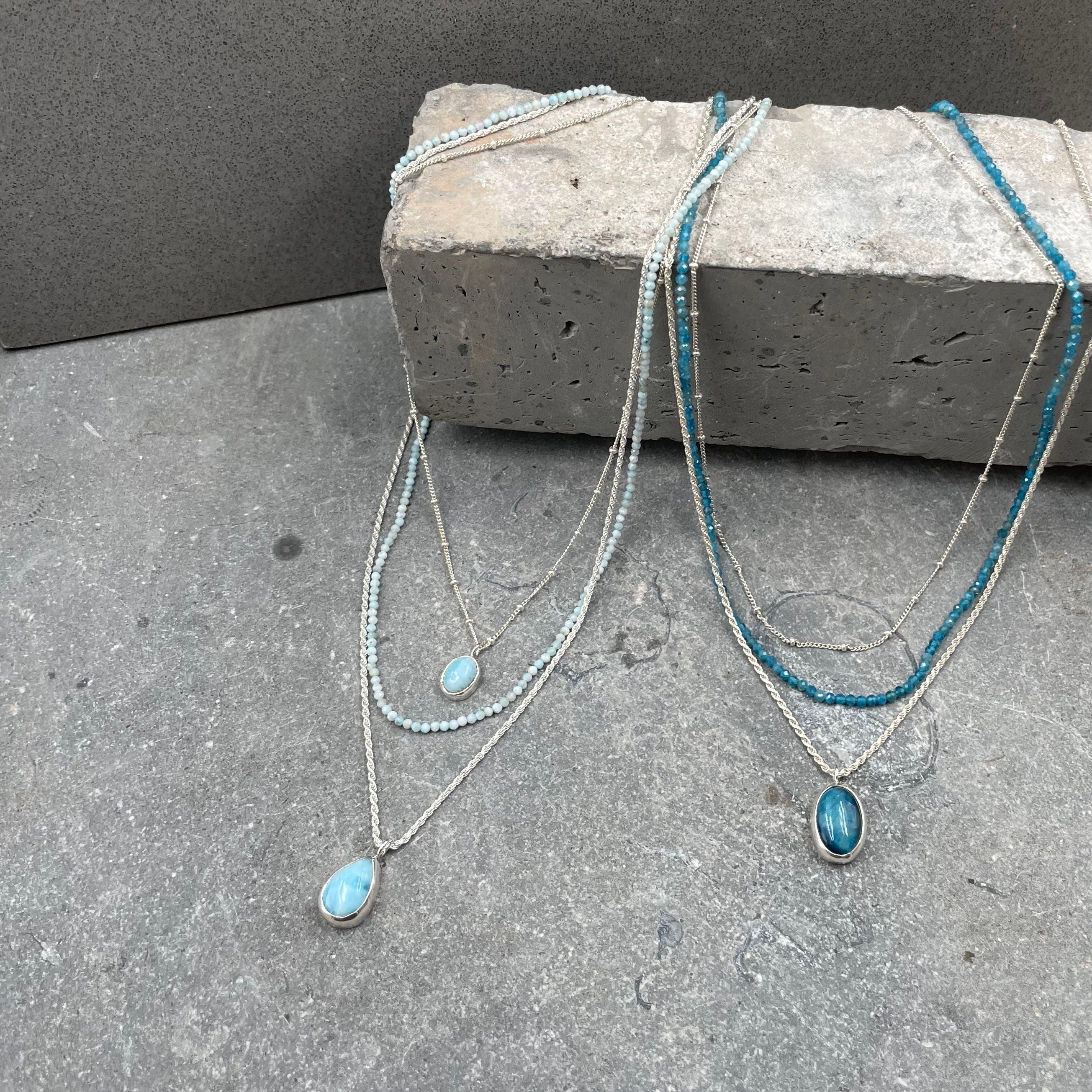 Silver Multi Strand Necklace • Handcrafted Larimar Pendant Necklace • Set Of Three Necklaces • Gifts For Her • Stacked Silver Necklaces Set