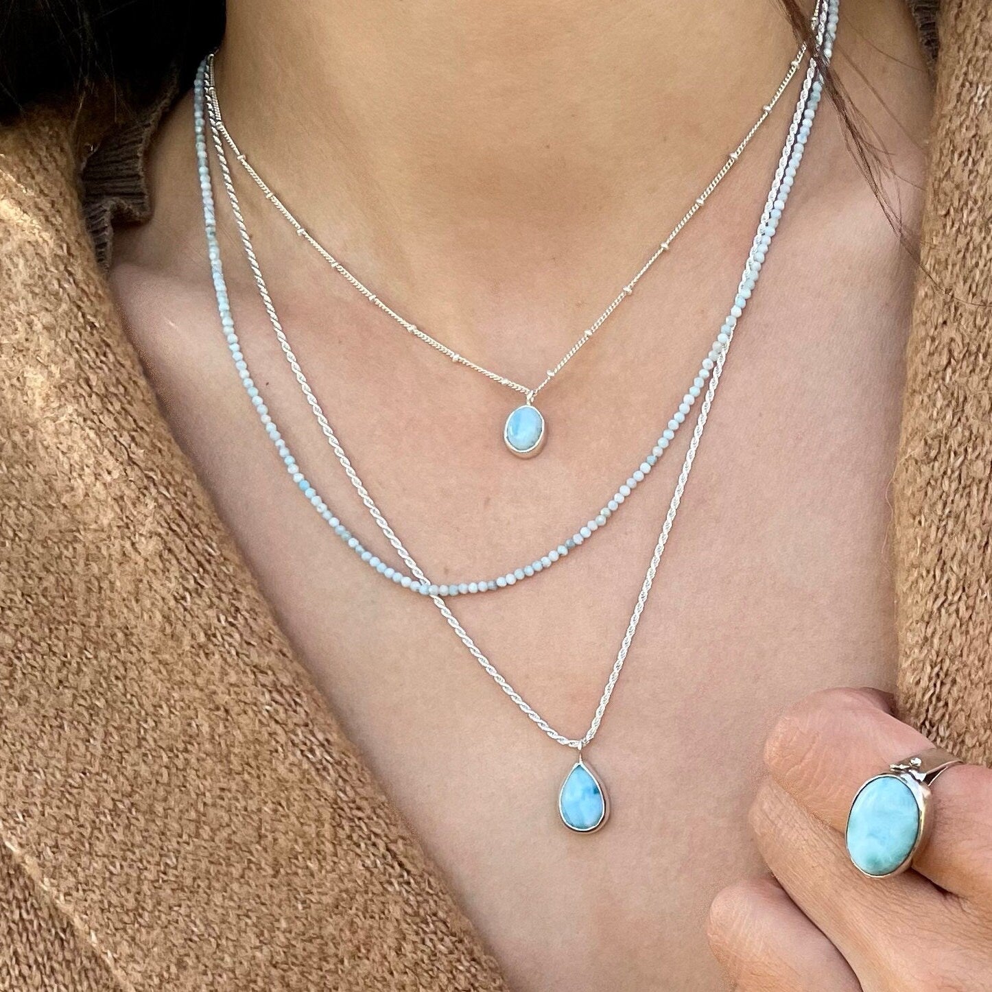 Silver Multi Strand Necklace • Handcrafted Larimar Pendant Necklace • Set Of Three Necklaces • Gifts For Her • Stacked Silver Necklaces Set