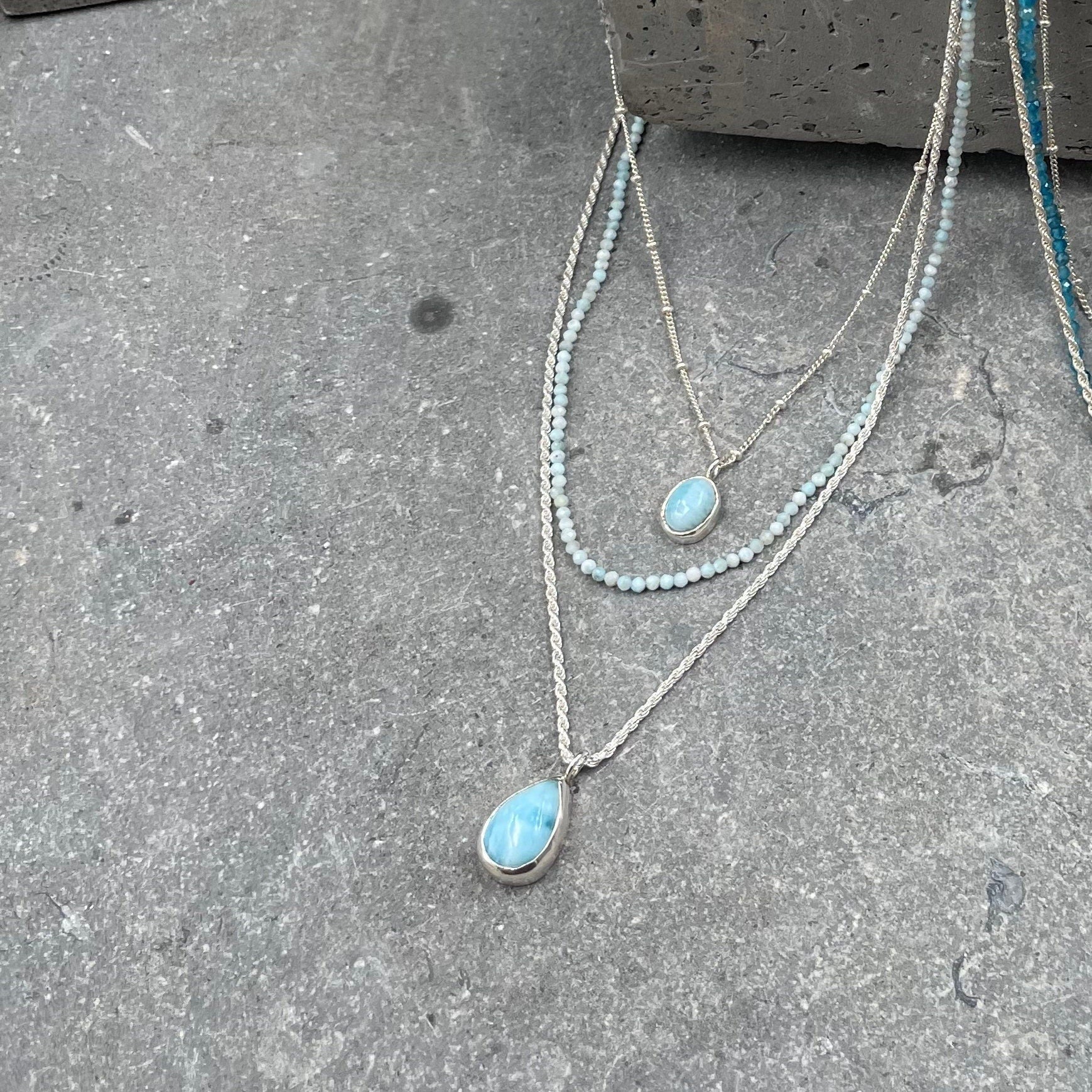 Silver Multi Strand Necklace • Handcrafted Larimar Pendant Necklace • Set Of Three Necklaces • Gifts For Her • Stacked Silver Necklaces Set