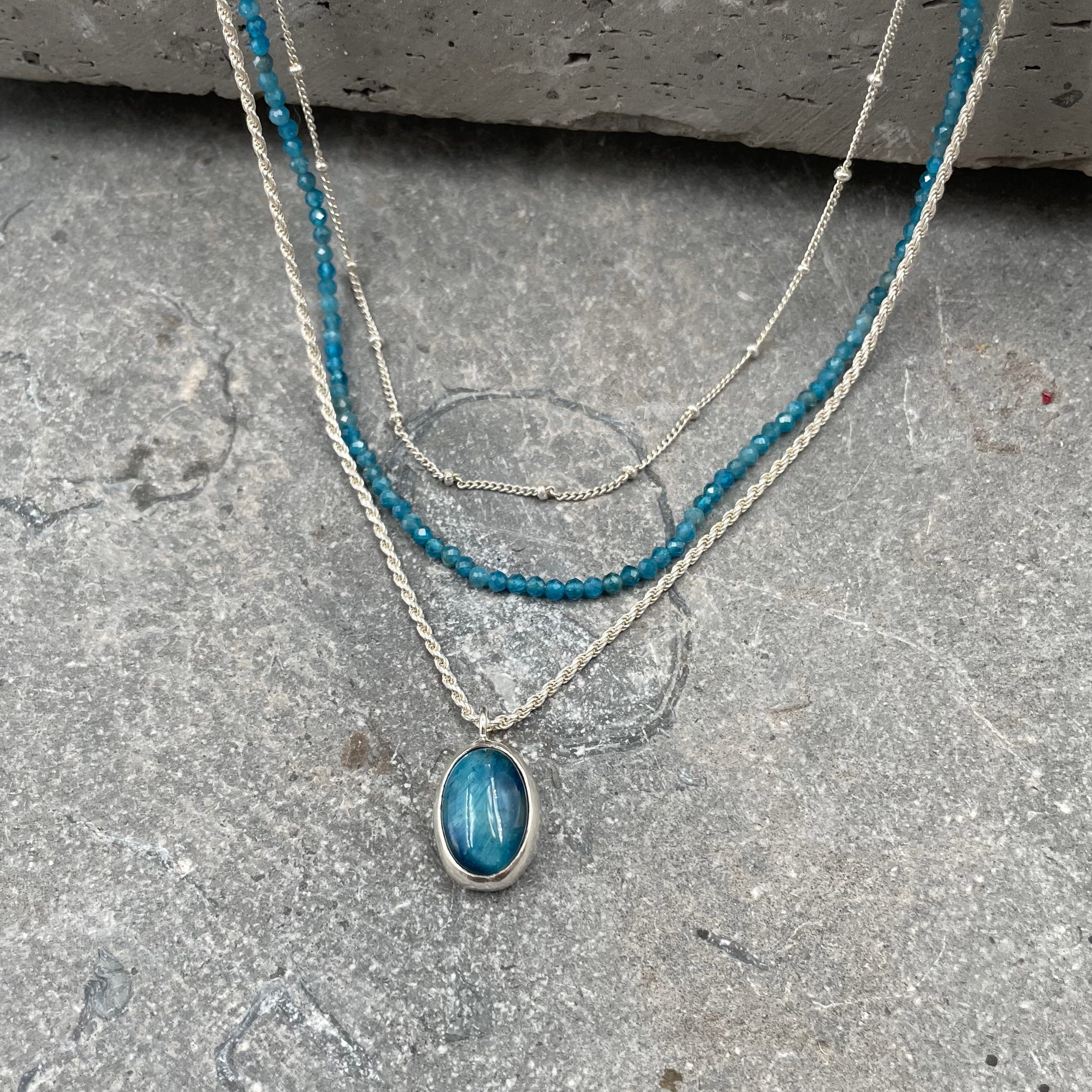 Handmade Silver Multi Strand Necklace with Apatite Beads and Blue Tiger's Eye Pendant • Set Of Three Necklaces