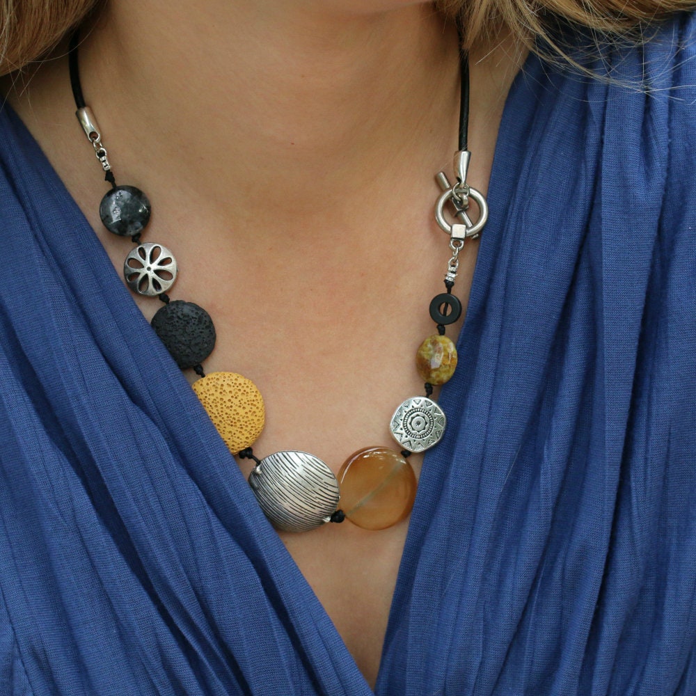 Honey Yellow Silver & Black Chunky Necklace • Statement Necklace for Women • Fashion Jewelry • Boho Necklace Bold Bead Necklace