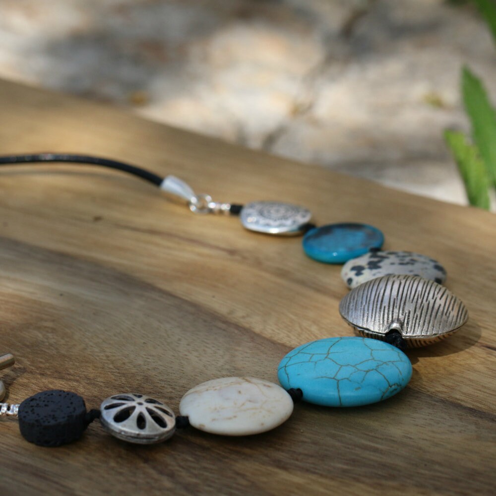 Silver White and Turquoise Beaded Necklace - Statement Jewelry For Her • Chunky Boho Turquoise • Fashion Jewelry • Women's Bold Necklace