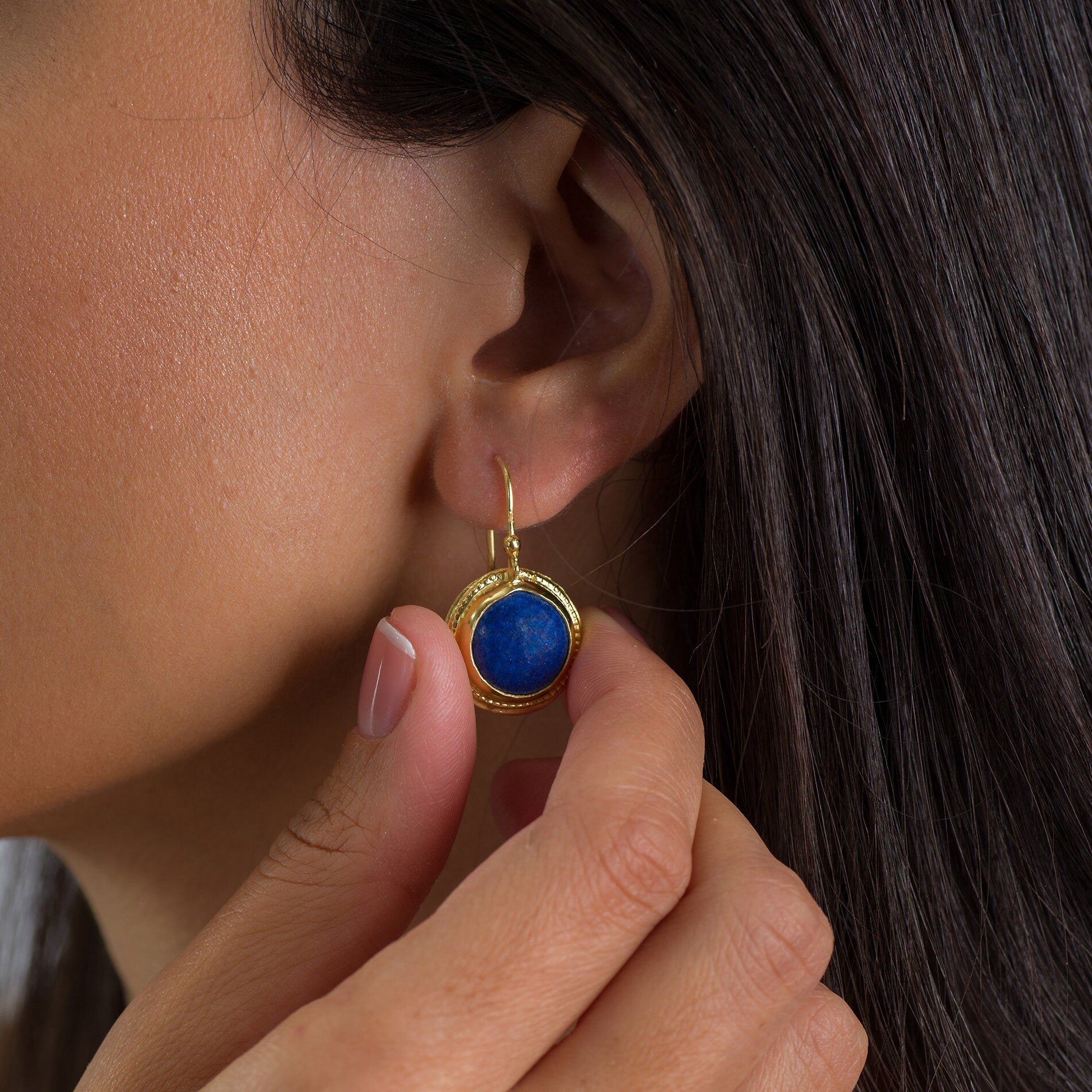 Handcrafted Gold Dangle Earrings with Round Lapis Lazuli Gemstone • Statement Earrings • Heart Earings • Gift For Her • Mother's Day Gift