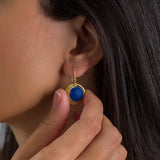 Handcrafted Gold Dangle Earrings with Round Lapis Lazuli Gemstone • Statement Earrings • Heart Earings • Gift For Her • Mother's Day Gift