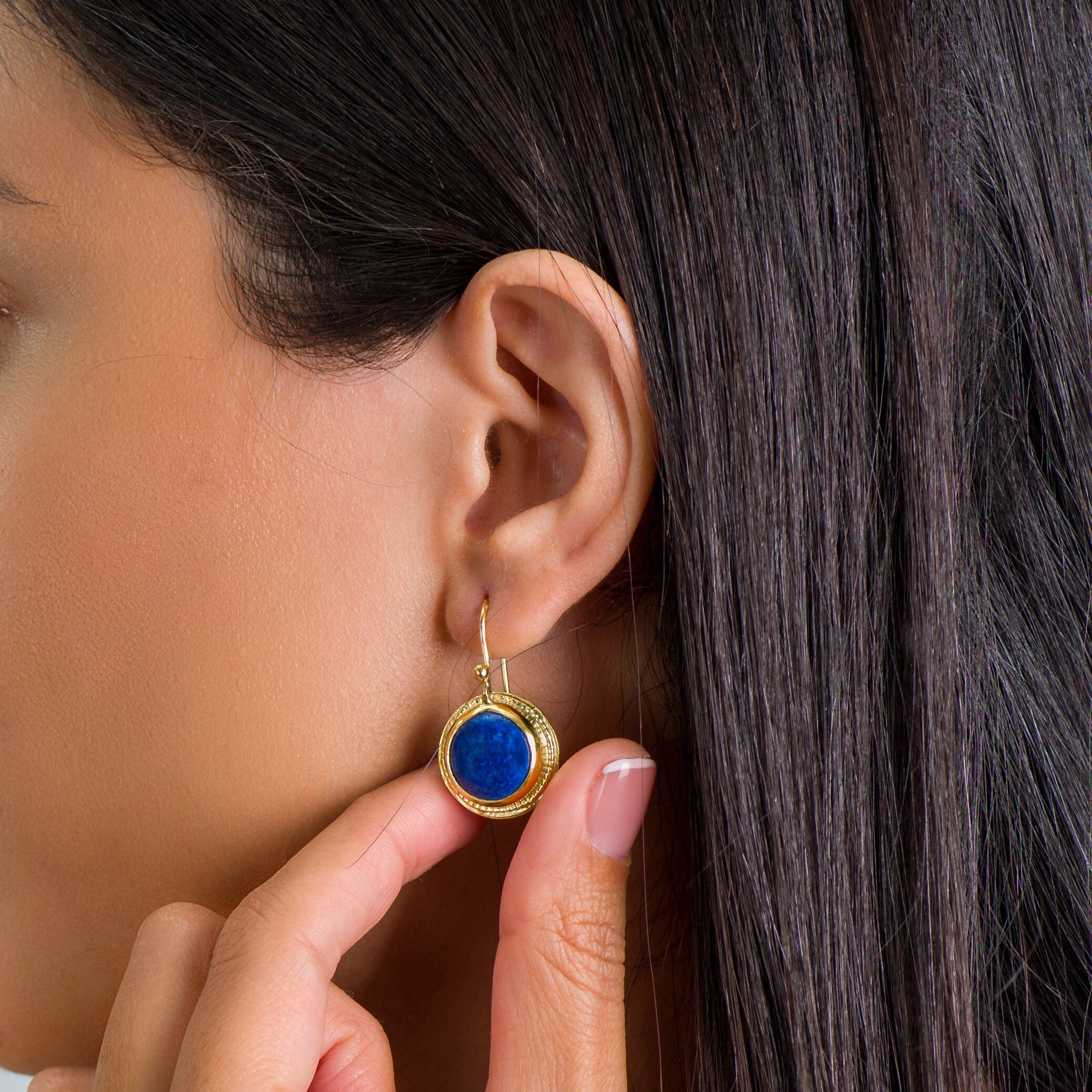 Handcrafted Gold Dangle Earrings with Round Lapis Lazuli Gemstone • Statement Earrings • Heart Earings • Gift For Her • Mother's Day Gift