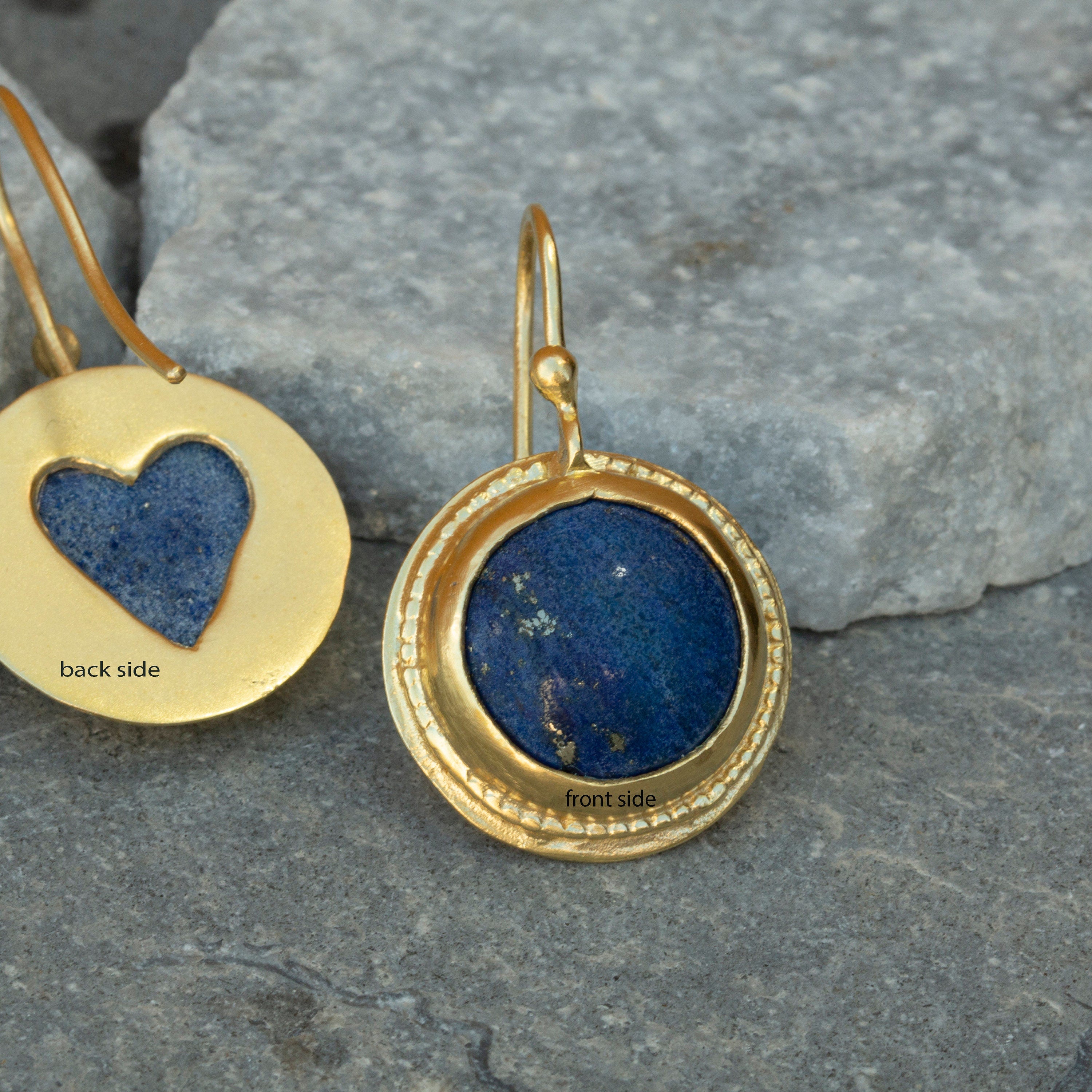 Handcrafted Gold Dangle Earrings with Round Lapis Lazuli Gemstone • Statement Earrings • Heart Earings • Gift For Her • Mother's Day Gift