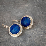 Handcrafted Silver Dangle Round Earrings with Lapis Lazuli Gemstone • Statement Earrings • Heart Earings • Gift For Her • Mother's Day Gift