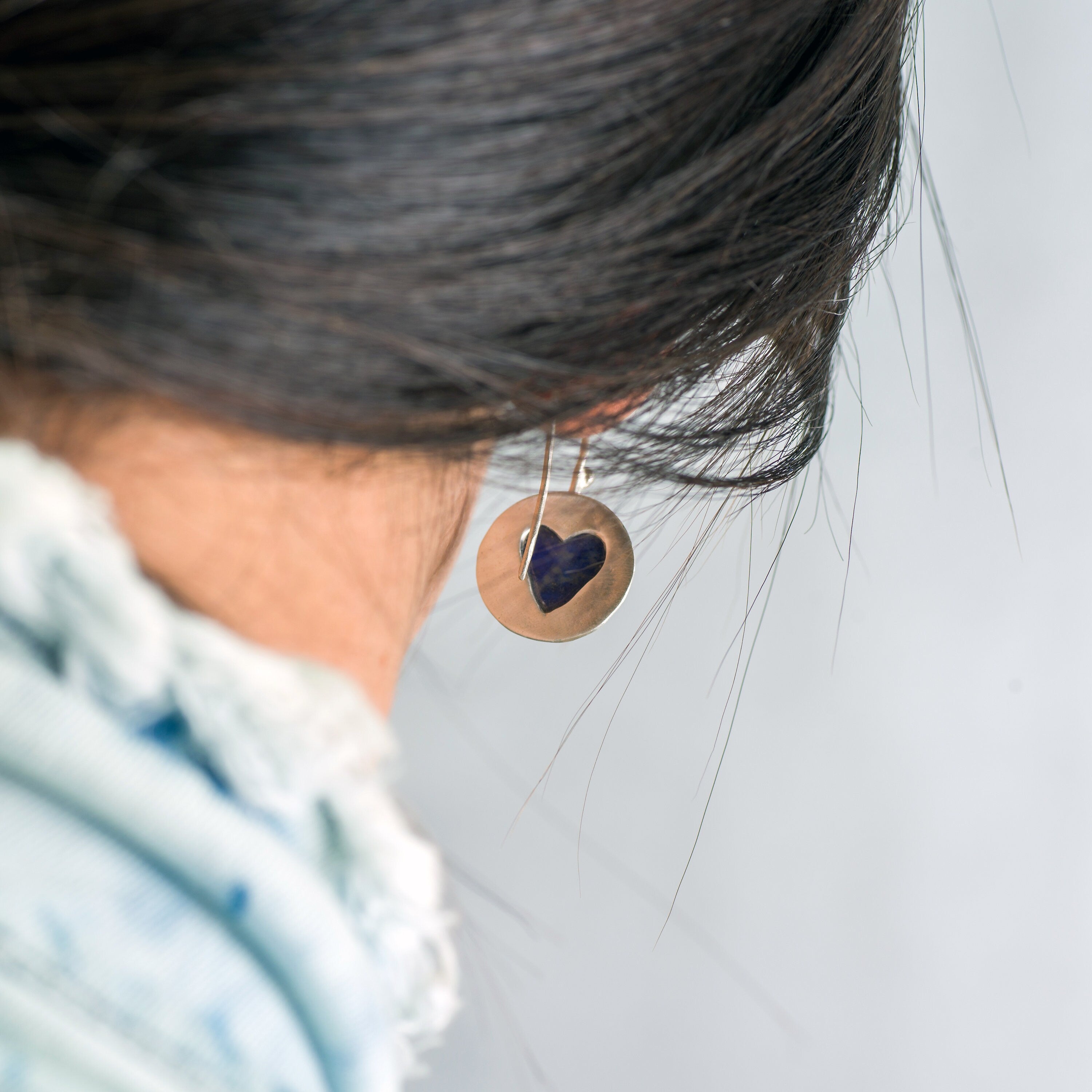 Handcrafted Silver Dangle Round Earrings with Lapis Lazuli Gemstone • Statement Earrings • Heart Earings • Gift For Her • Mother's Day Gift