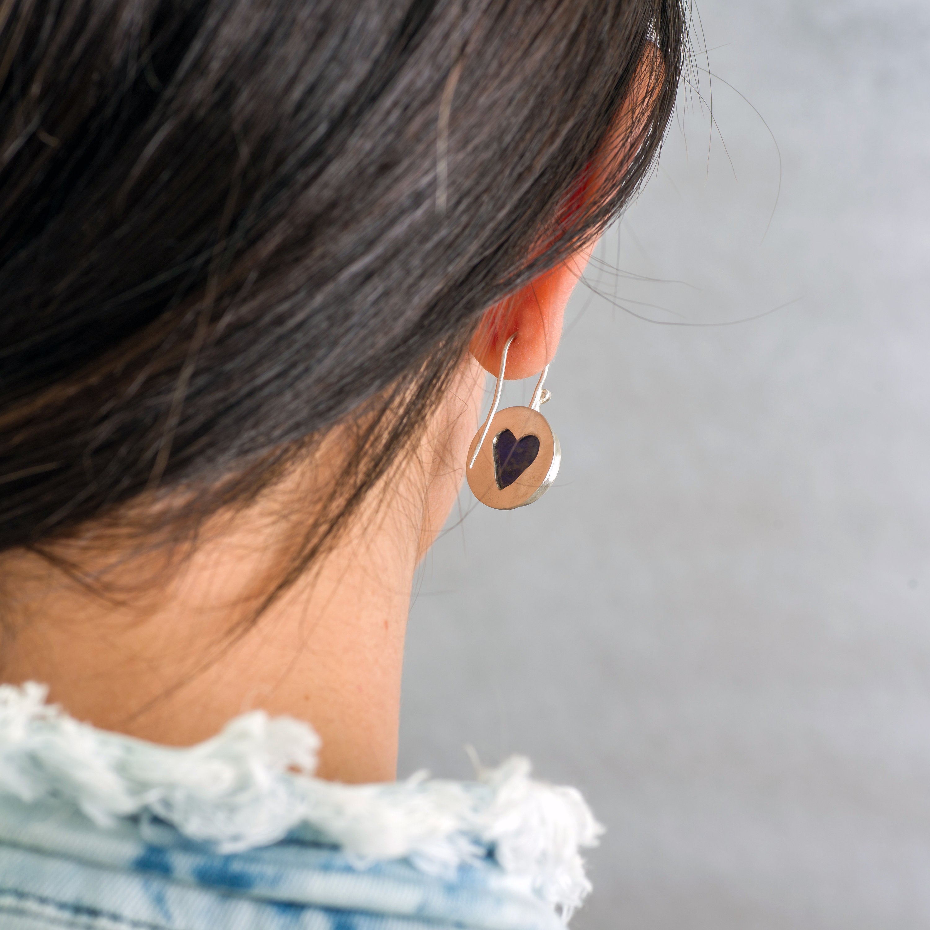 Handcrafted Silver Dangle Round Earrings with Lapis Lazuli Gemstone • Statement Earrings • Heart Earings • Gift For Her • Mother's Day Gift