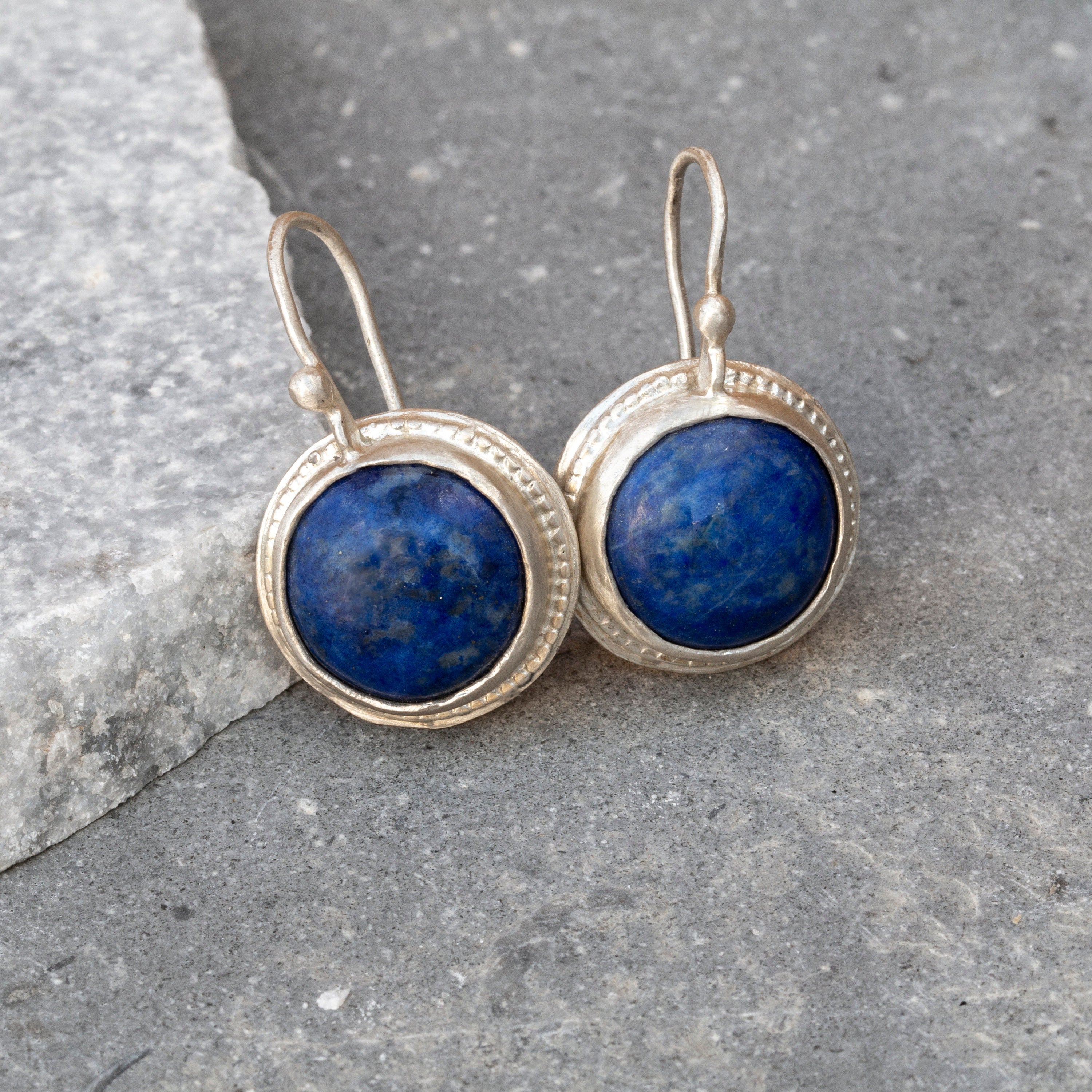 Handcrafted Silver Dangle Round Earrings with Lapis Lazuli Gemstone • Statement Earrings • Heart Earings • Gift For Her • Mother's Day Gift