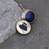 Handcrafted Silver Dangle Round Earrings with Lapis Lazuli Gemstone • Statement Earrings • Heart Earings • Gift For Her • Mother's Day Gift