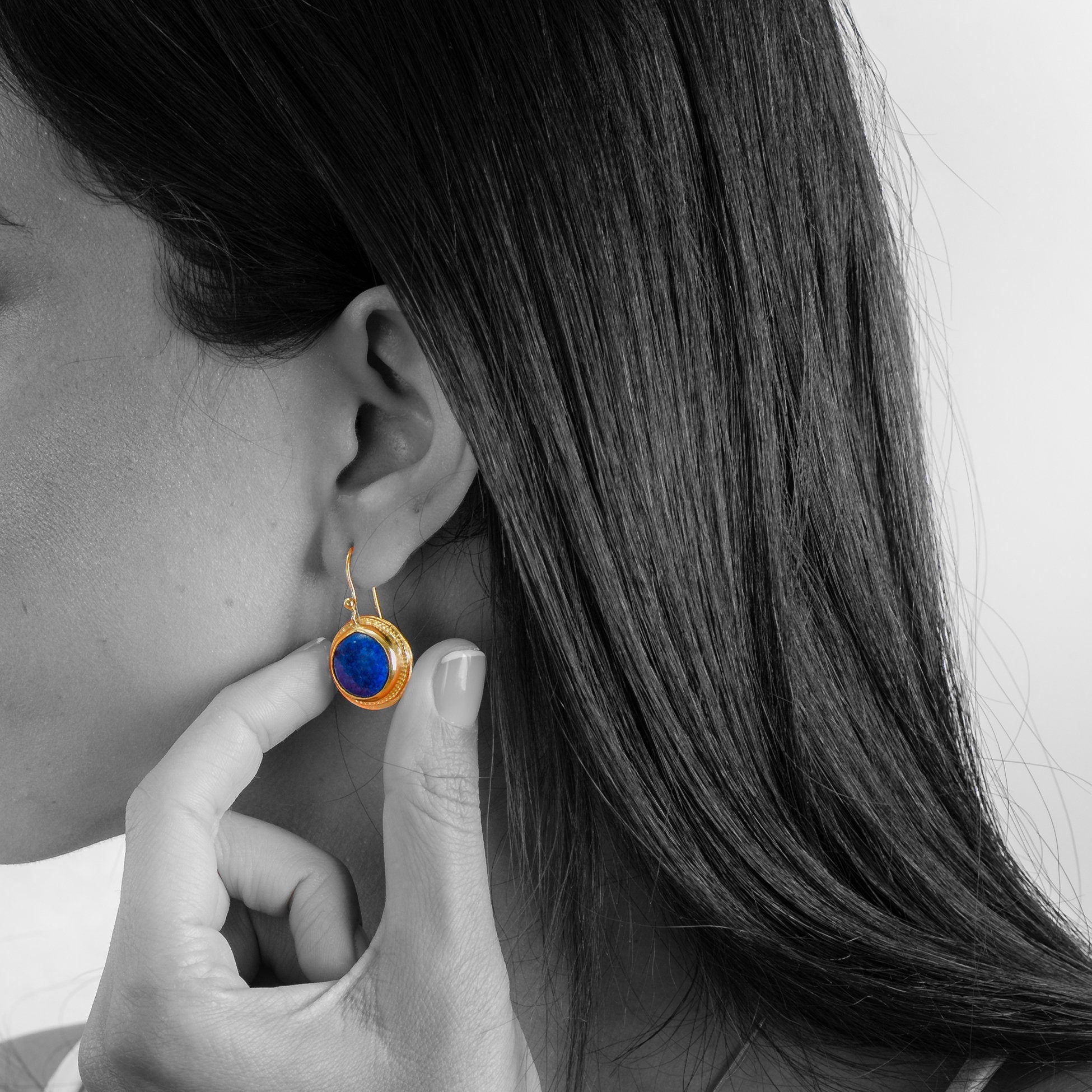 Handcrafted Gold Dangle Earrings with Round Lapis Lazuli Gemstone • Statement Earrings • Heart Earings • Gift For Her • Mother's Day Gift