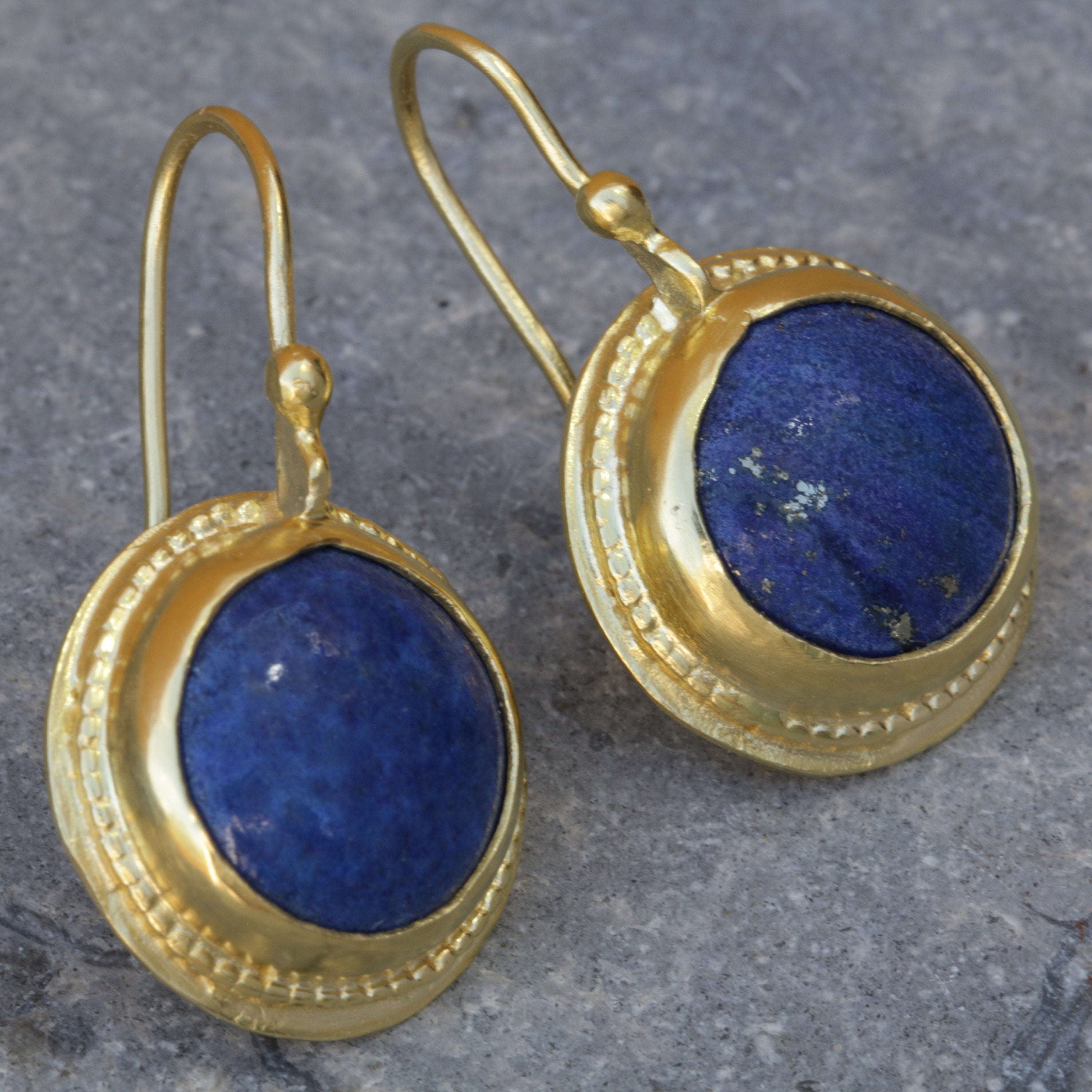 Handcrafted Gold Dangle Earrings with Round Lapis Lazuli Gemstone • Statement Earrings • Heart Earings • Gift For Her • Mother's Day Gift