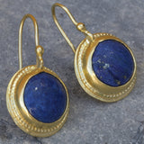 Handcrafted Gold Dangle Earrings with Round Lapis Lazuli Gemstone • Statement Earrings • Heart Earings • Gift For Her • Mother's Day Gift